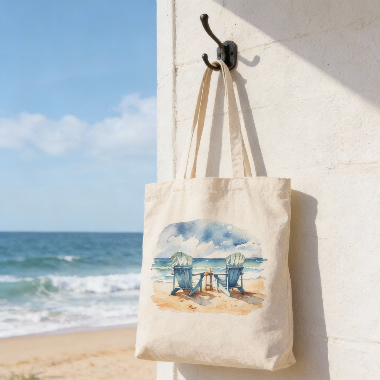 Personalized Beach Tote Bag for Couples, Valentines Day Gift, Custom Name Coastal Tote, Romantic Ocean Chair Bag, Anniversary Gift product thumbnail image