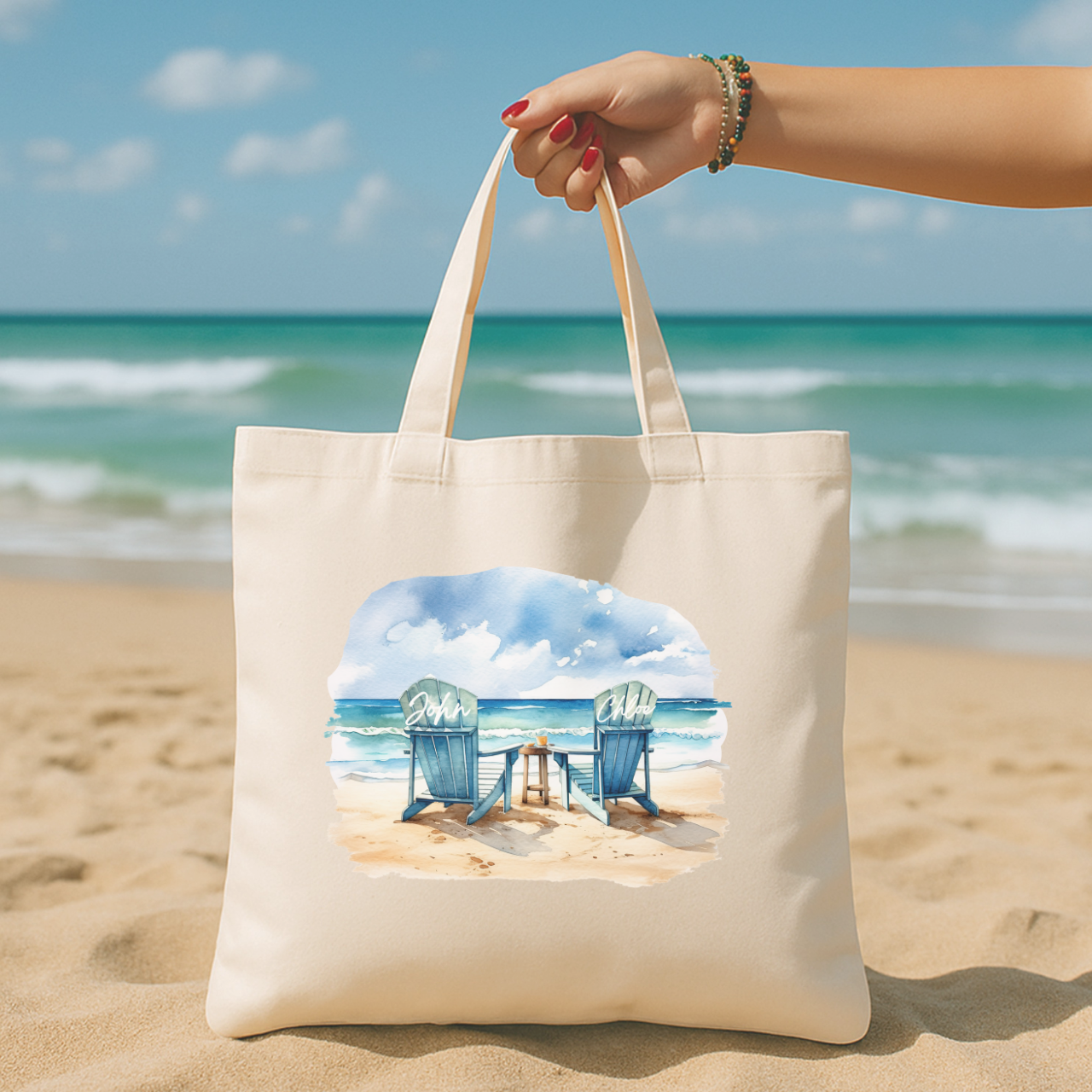 Personalized Beach Tote Bag for Couples, Valentines Day Gift, Custom Name Coastal Tote, Romantic Ocean Chair Bag, Anniversary Gift product thumbnail image