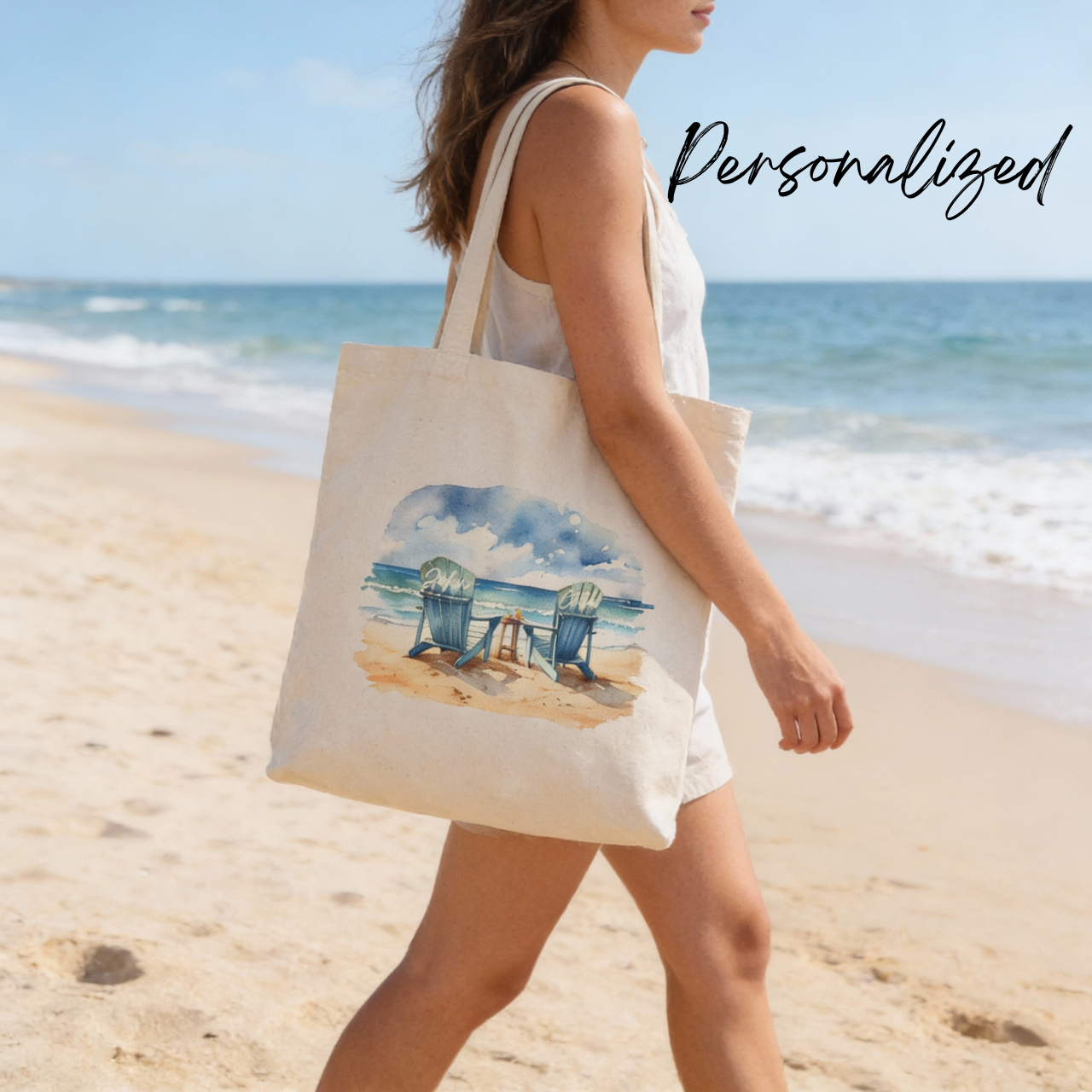 Personalized Beach Tote Bag for Couples, Valentines Day Gift, Custom Name Coastal Tote, Romantic Ocean Chair Bag, Anniversary Gift product thumbnail image