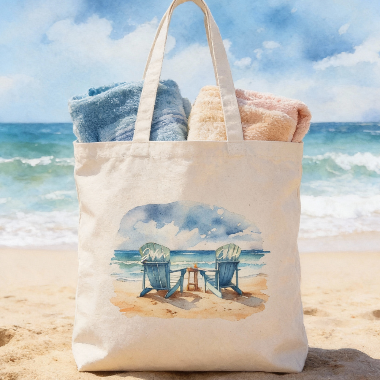 Personalized Beach Tote Bag for Couples, Valentines Day Gift, Custom Name Coastal Tote, Romantic Ocean Chair Bag, Anniversary Gift product thumbnail image