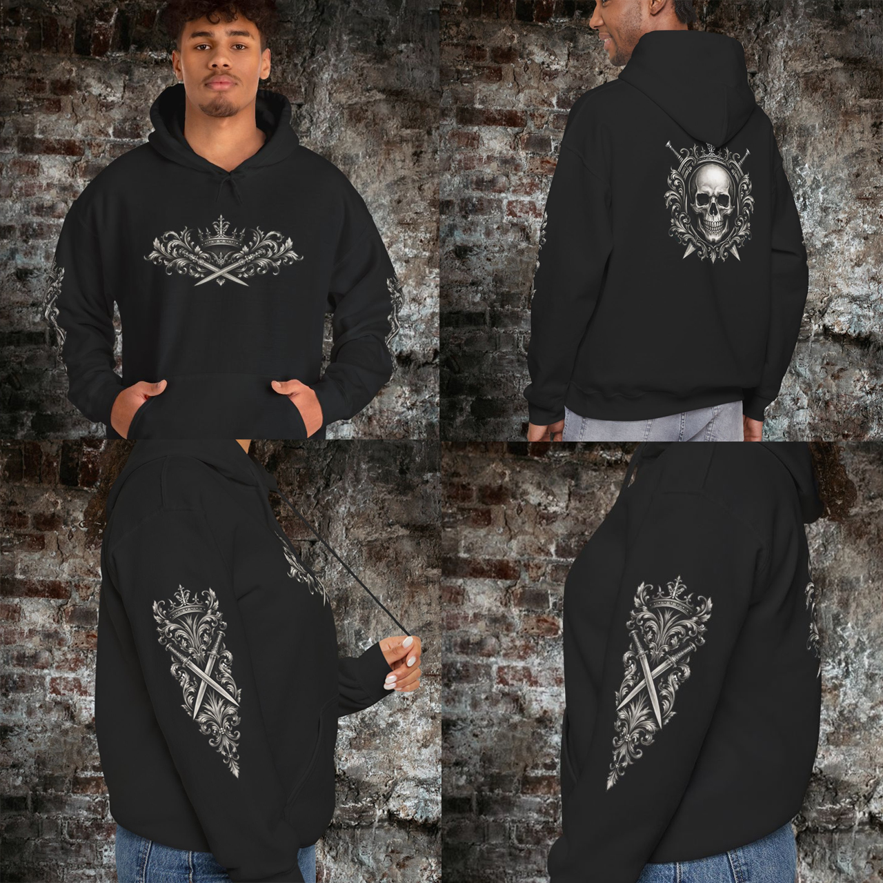 Skull Crossed Swords Hoodie, Gothic Crowned Skull Graphic Pullover, Unisex Warmwear product thumbnail image