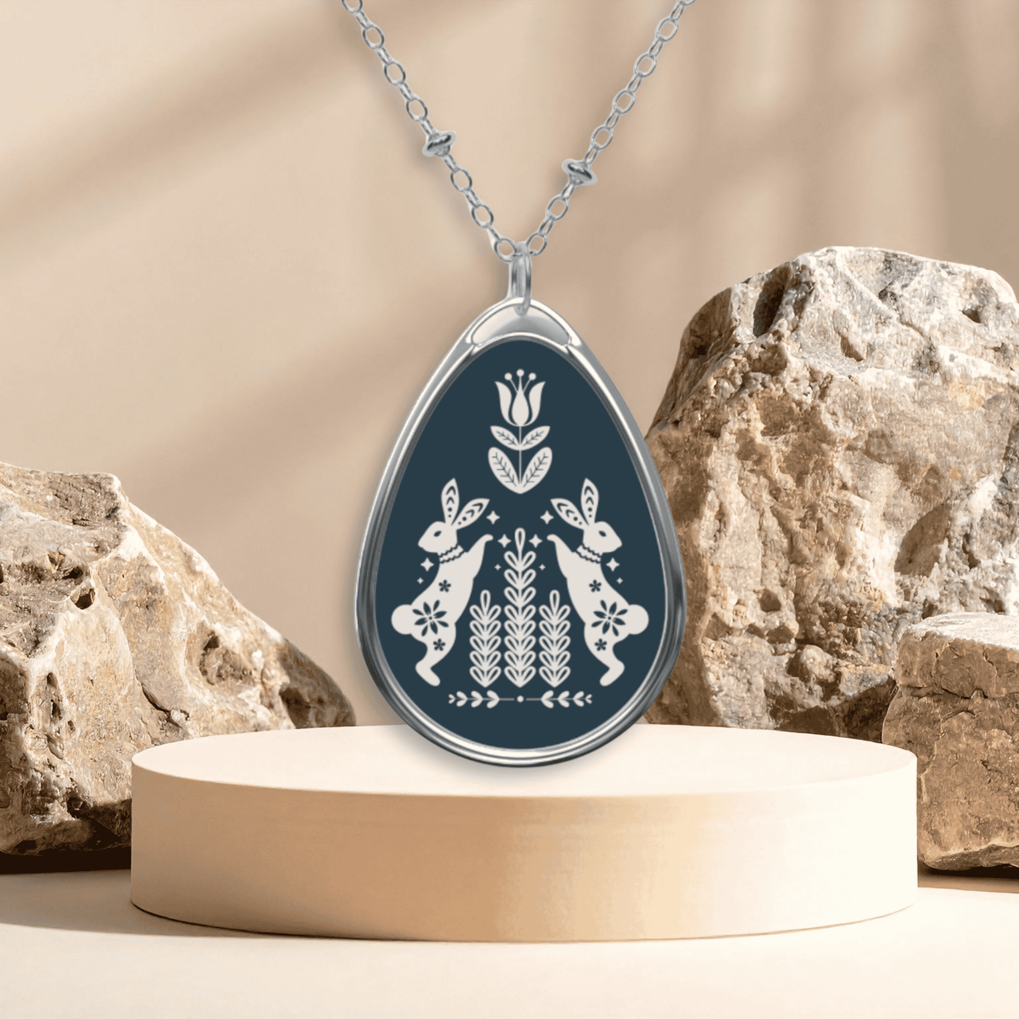 Silver Oval Pendant Necklace — Scandinavian Folk Art Rabbit Floral Teardrop Locket