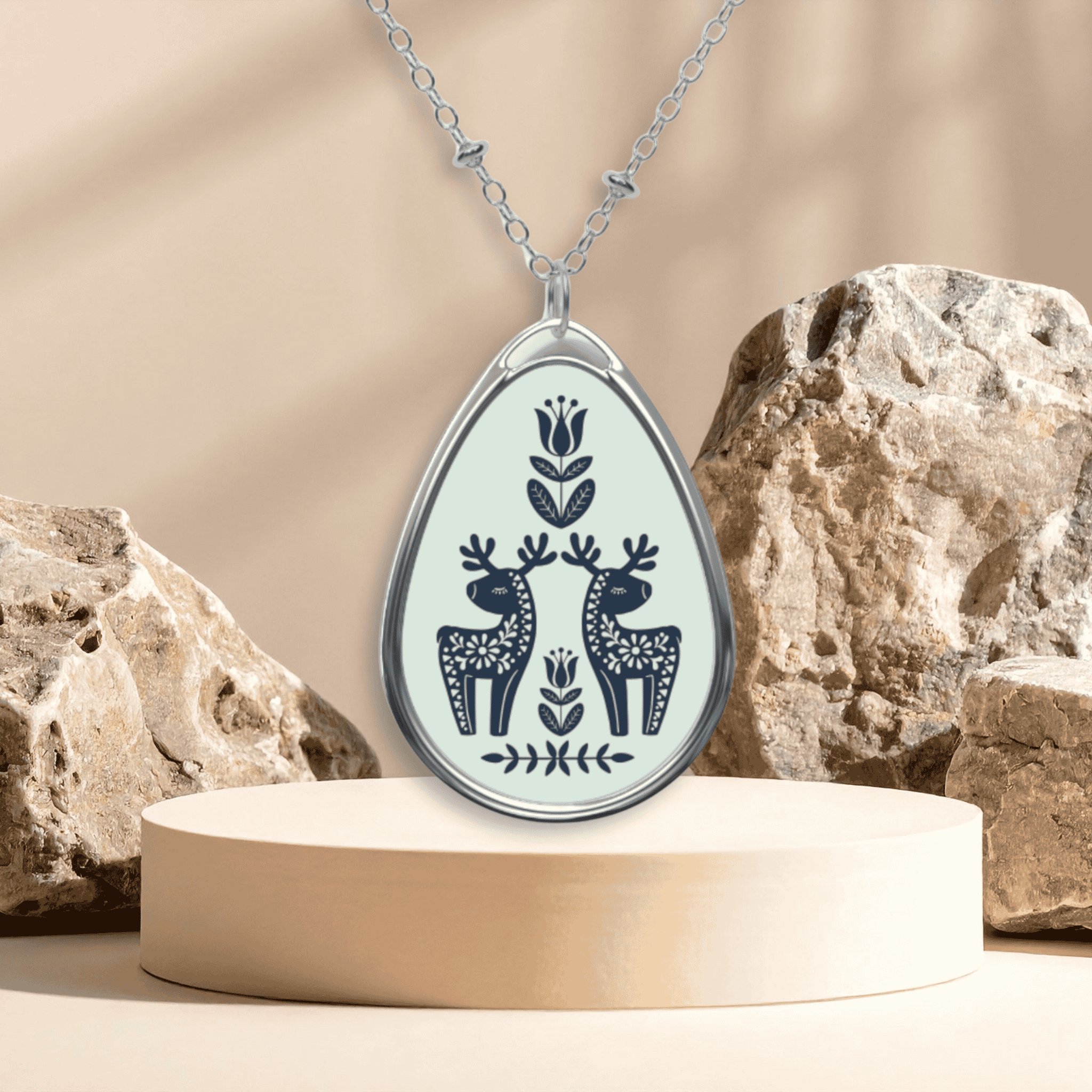 Nordic Folk Art Deer, Oval Teardrop Necklace product thumbnail image