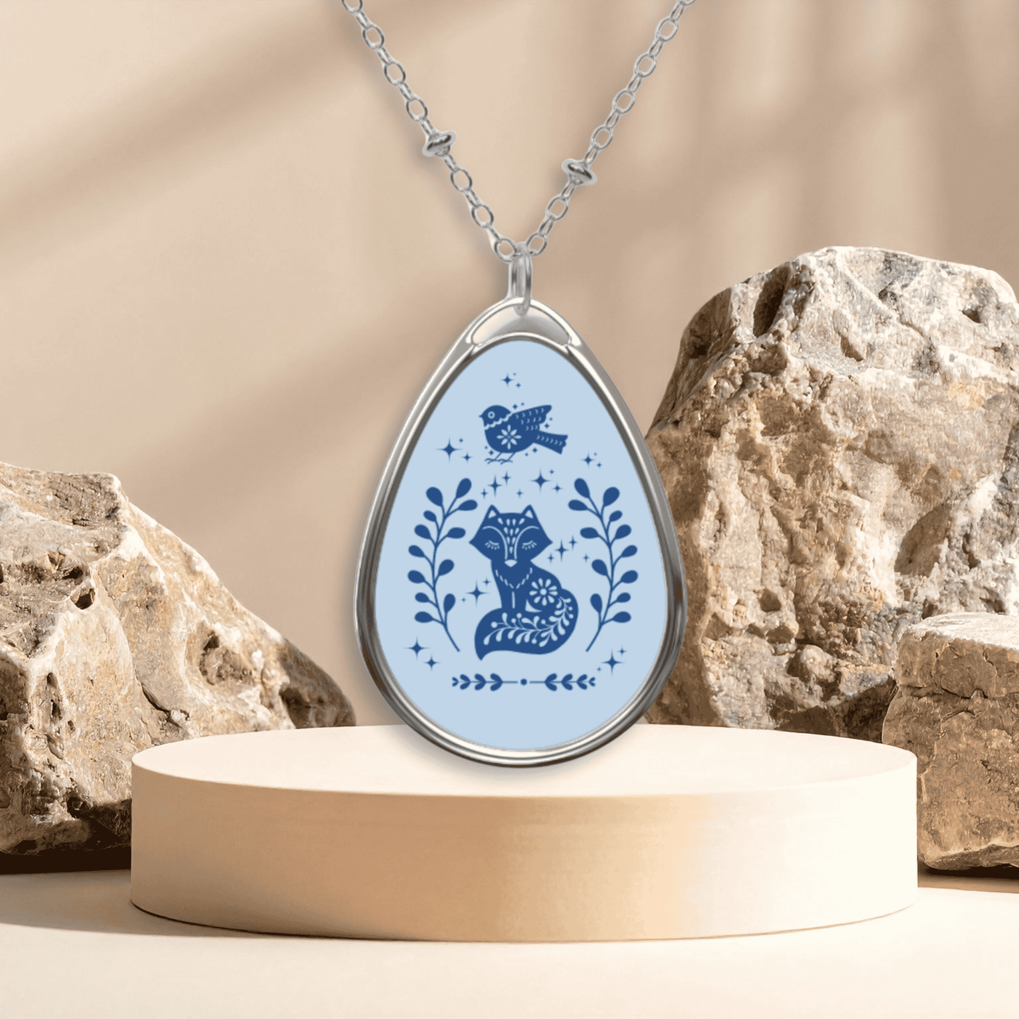 Oval Pendant Necklace — Blue Folk Art Cat &amp; Bird Engraved Teardrop Necklace