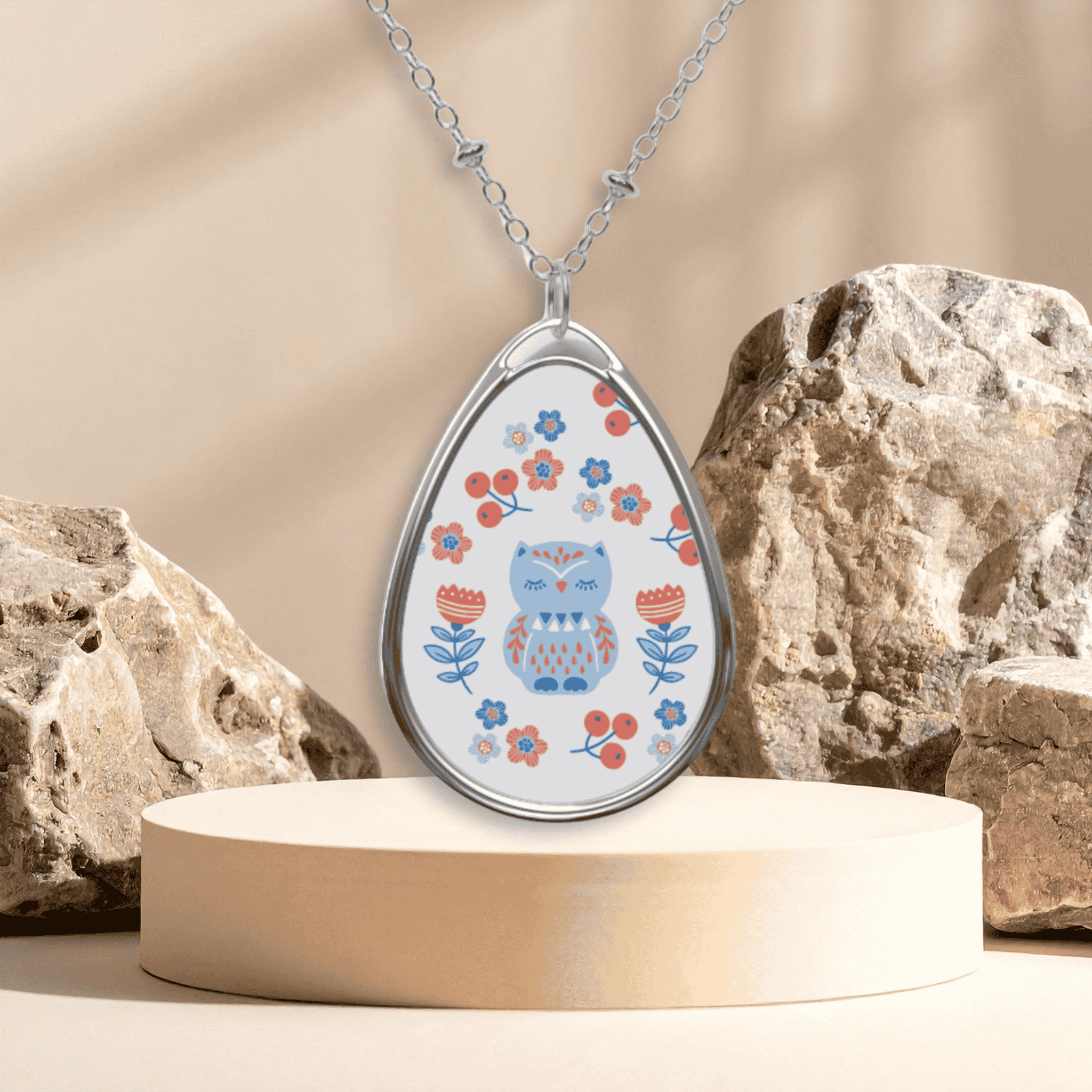 Oval Pendant Necklace — Blue Floral Owl Teardrop Locket Nordic Folk Art product thumbnail image