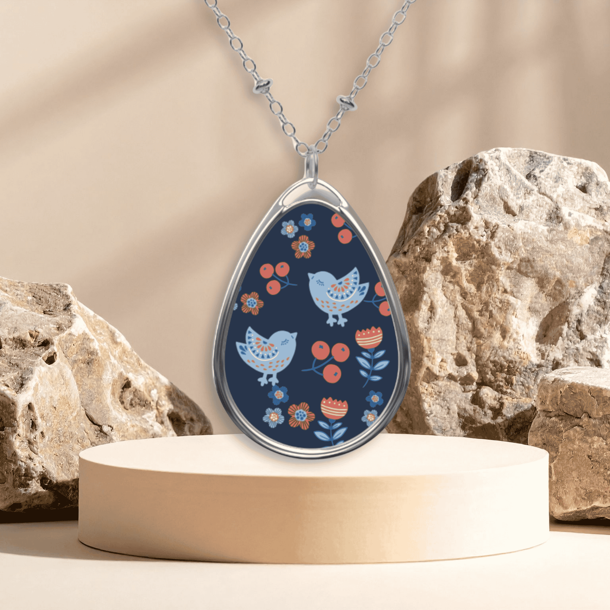 Oval Pendant Necklace — Folk Art Bird Floral Design on Navy product thumbnail image
