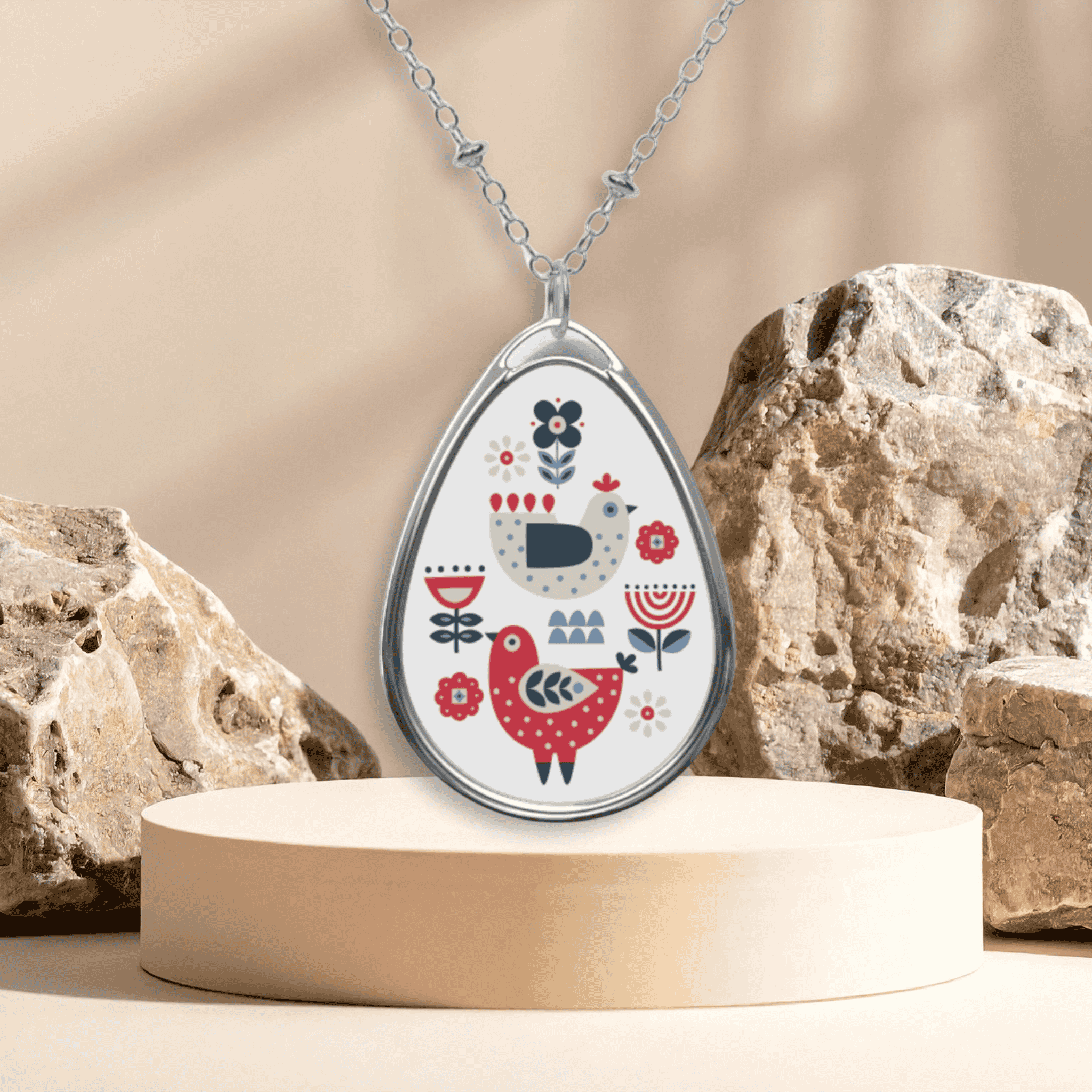 Oval Pendant Necklace — Folk Art Birds Engraved Teardrop Necklace Oval Pendant Necklace — Folk Art Birds Engraved Teardrop Necklace