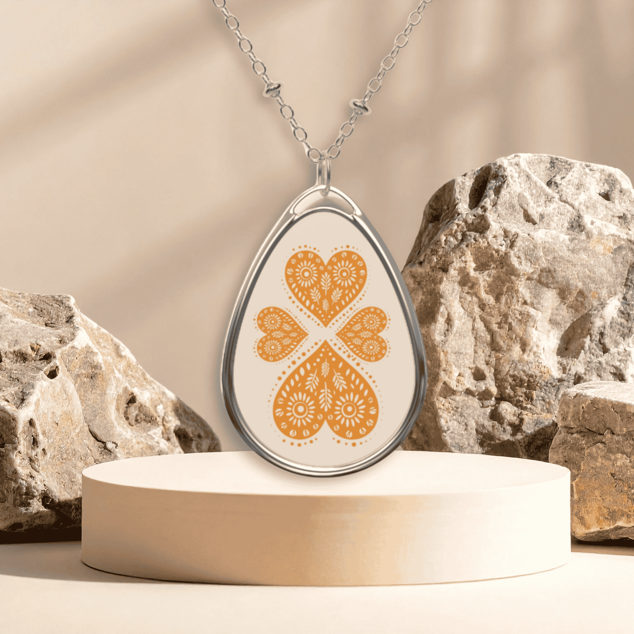 Oval Pendant Necklace — Orange Lace Heart Clover Engraved Teardrop product thumbnail image