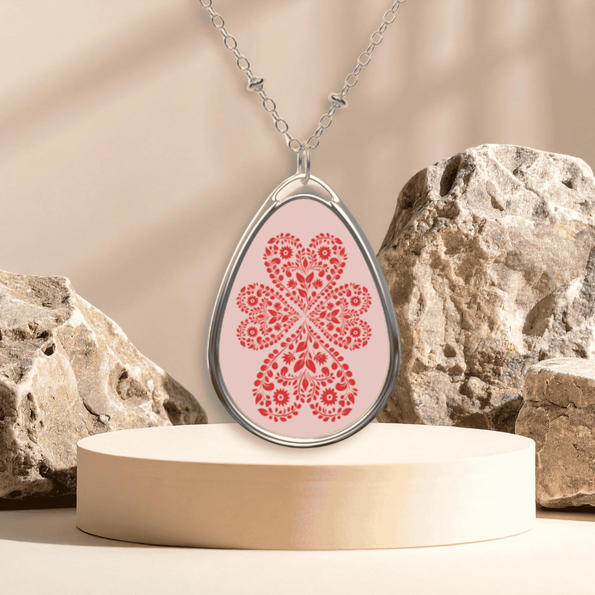 Silver Oval Pendant Necklace — Pink Floral Lace Teardrop product thumbnail image