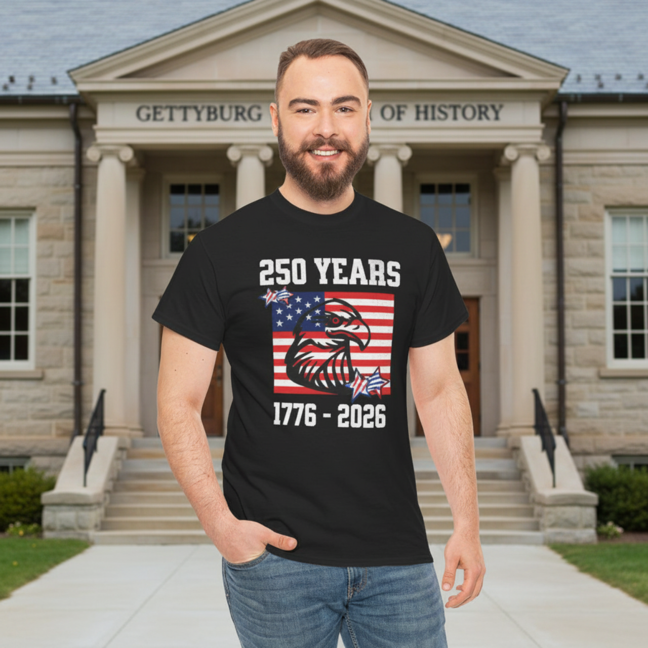 Eagle Head Line Art on Flag 250 Year Anniversary 1776-2026 T-Shirt