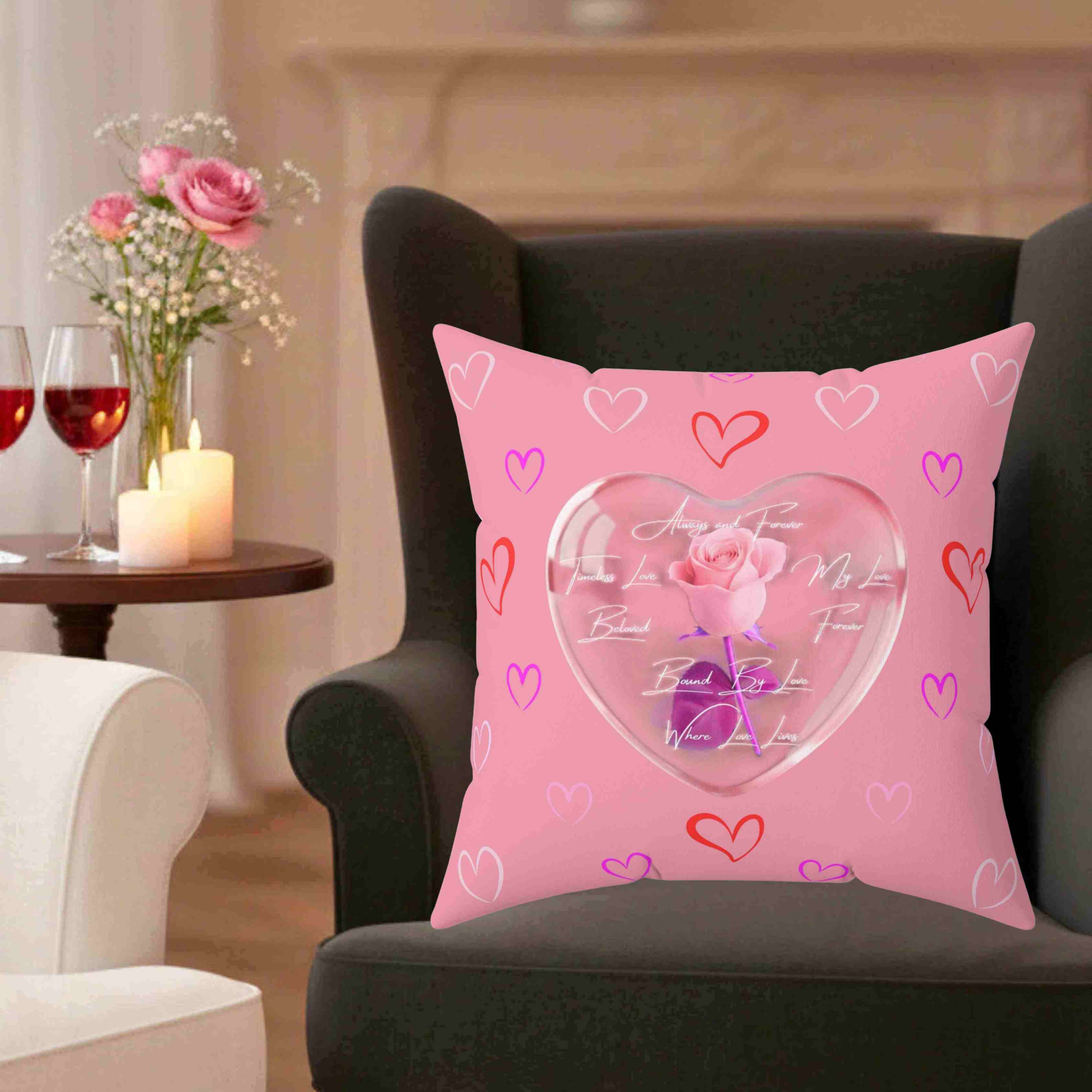 Pink Heart Rose Pillow | Heart Pattern Spun Polyester Square Cushion Pink Heart Rose Pillow | Heart Pattern Spun Polyester Square Cushion
