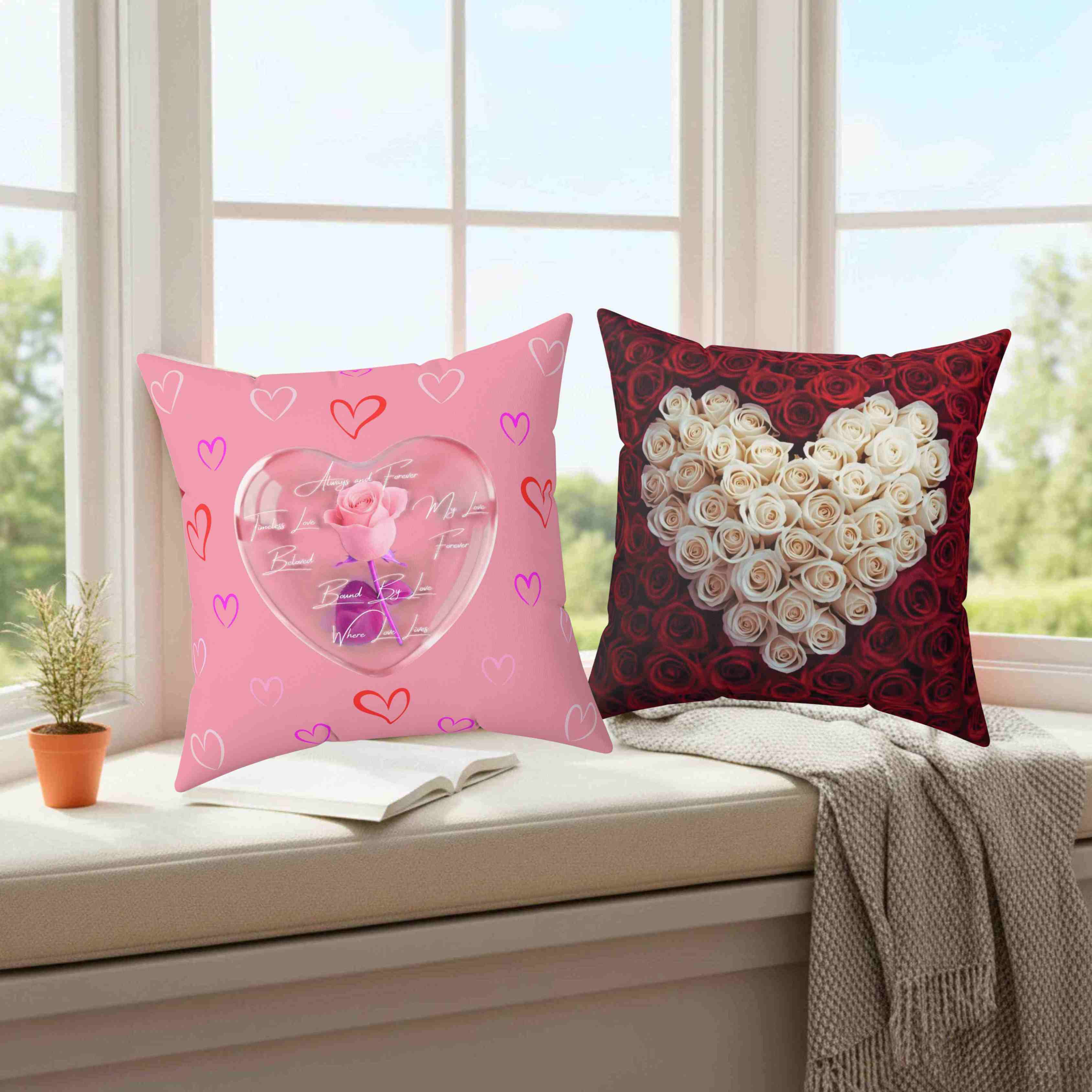 Pink Heart Rose Pillow | Heart Pattern Spun Polyester Square Cushion product thumbnail image Pink Heart Rose Pillow | Heart Pattern Spun Polyester Square Cushion product thumbnail image