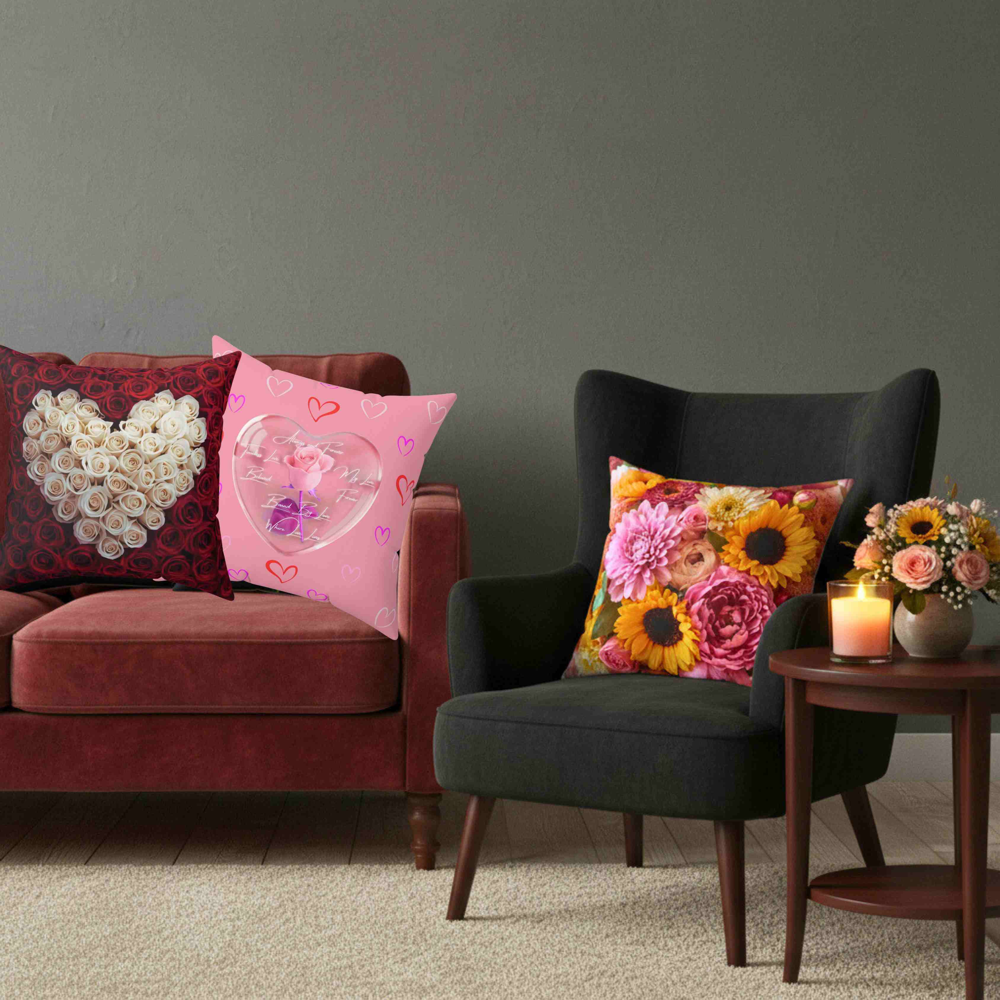 Pink Heart Rose Pillow | Heart Pattern Spun Polyester Square Cushion product thumbnail image