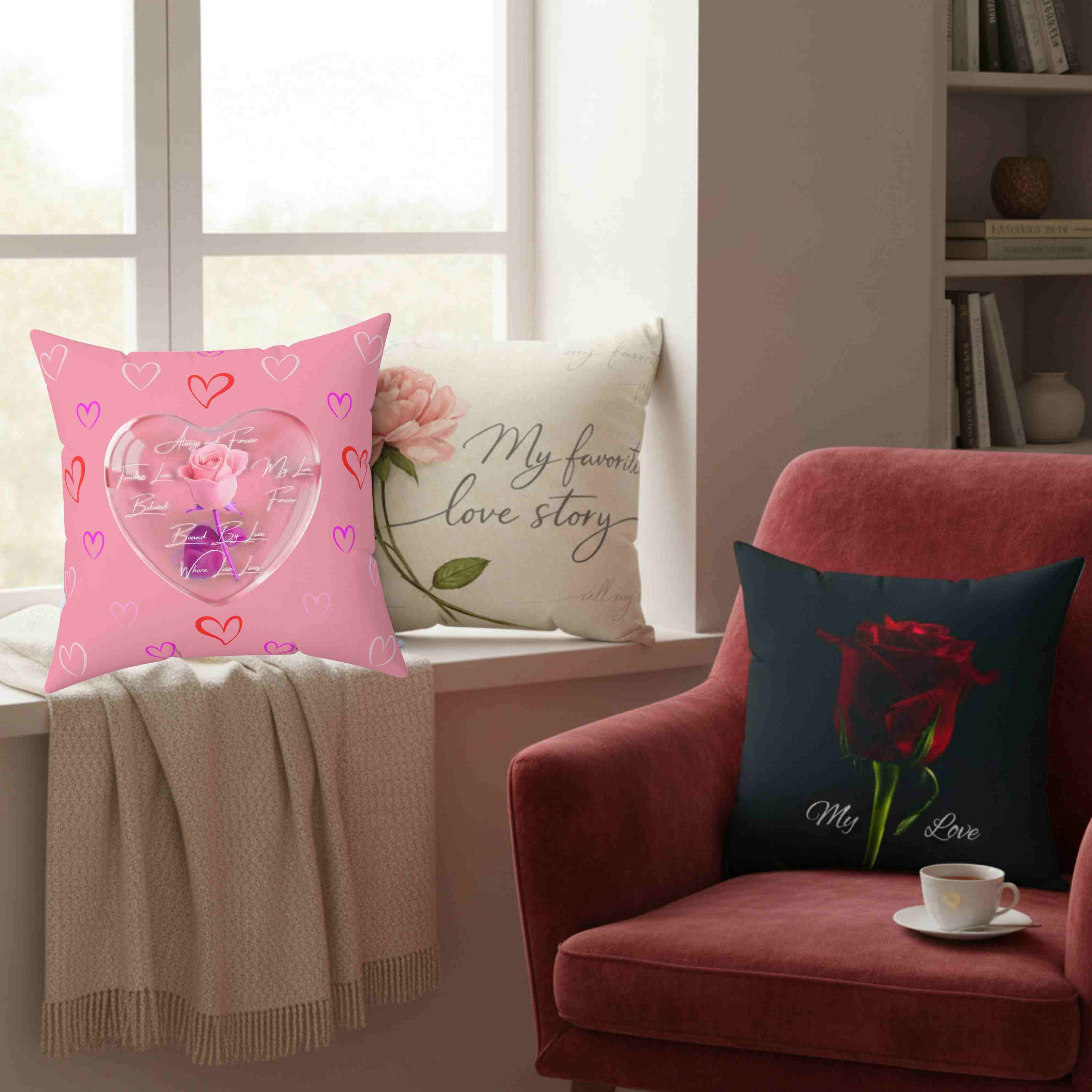 Pink Heart Rose Pillow | Heart Pattern Spun Polyester Square Cushion product thumbnail image Pink Heart Rose Pillow | Heart Pattern Spun Polyester Square Cushion product thumbnail image