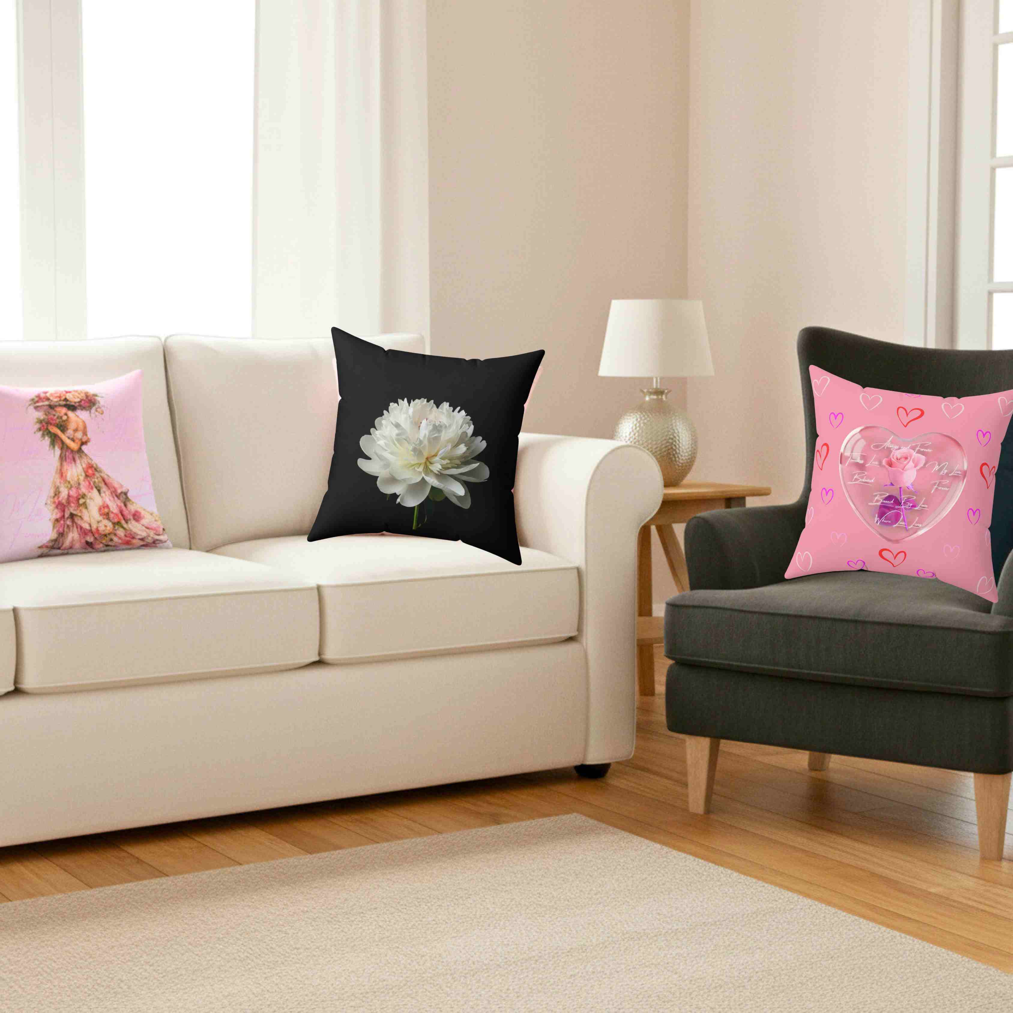 Pink Heart Rose Pillow | Heart Pattern Spun Polyester Square Cushion product thumbnail image Pink Heart Rose Pillow | Heart Pattern Spun Polyester Square Cushion product thumbnail image