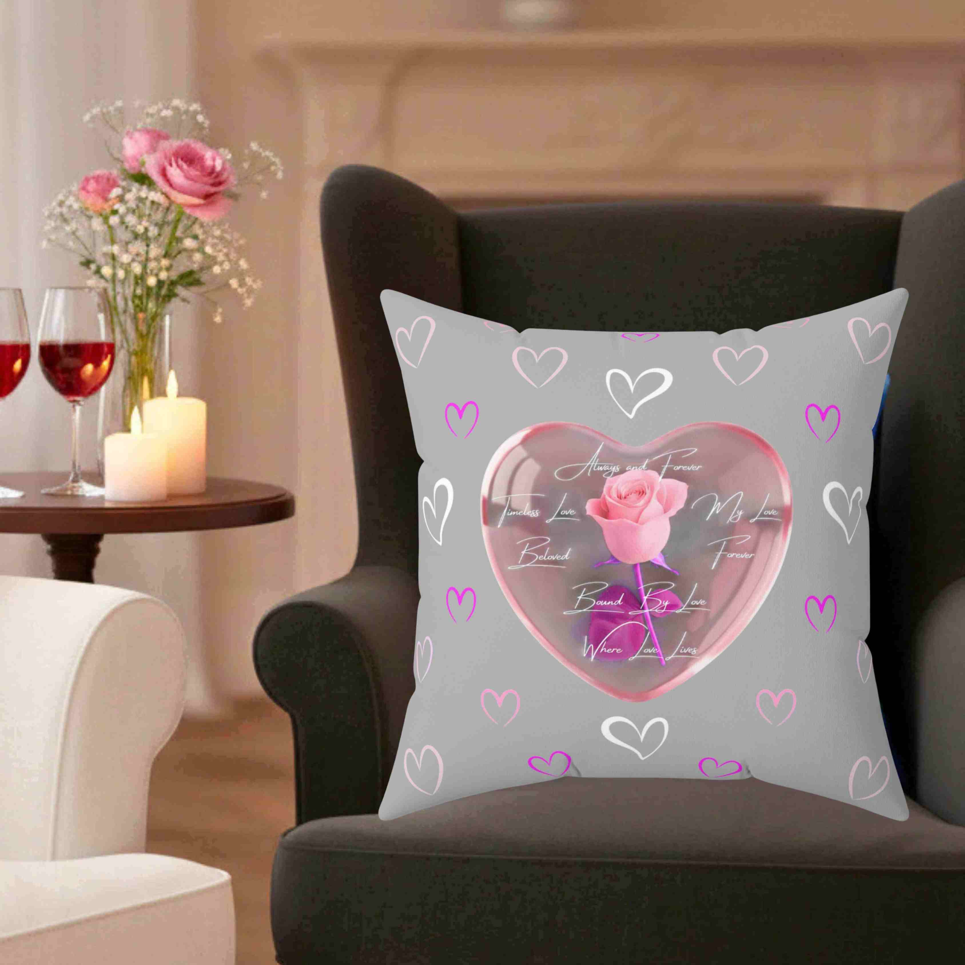 Pink Rose Heart Pillow | Spun Polyester Square Pillow product thumbnail image Pink Rose Heart Pillow | Spun Polyester Square Pillow product thumbnail image