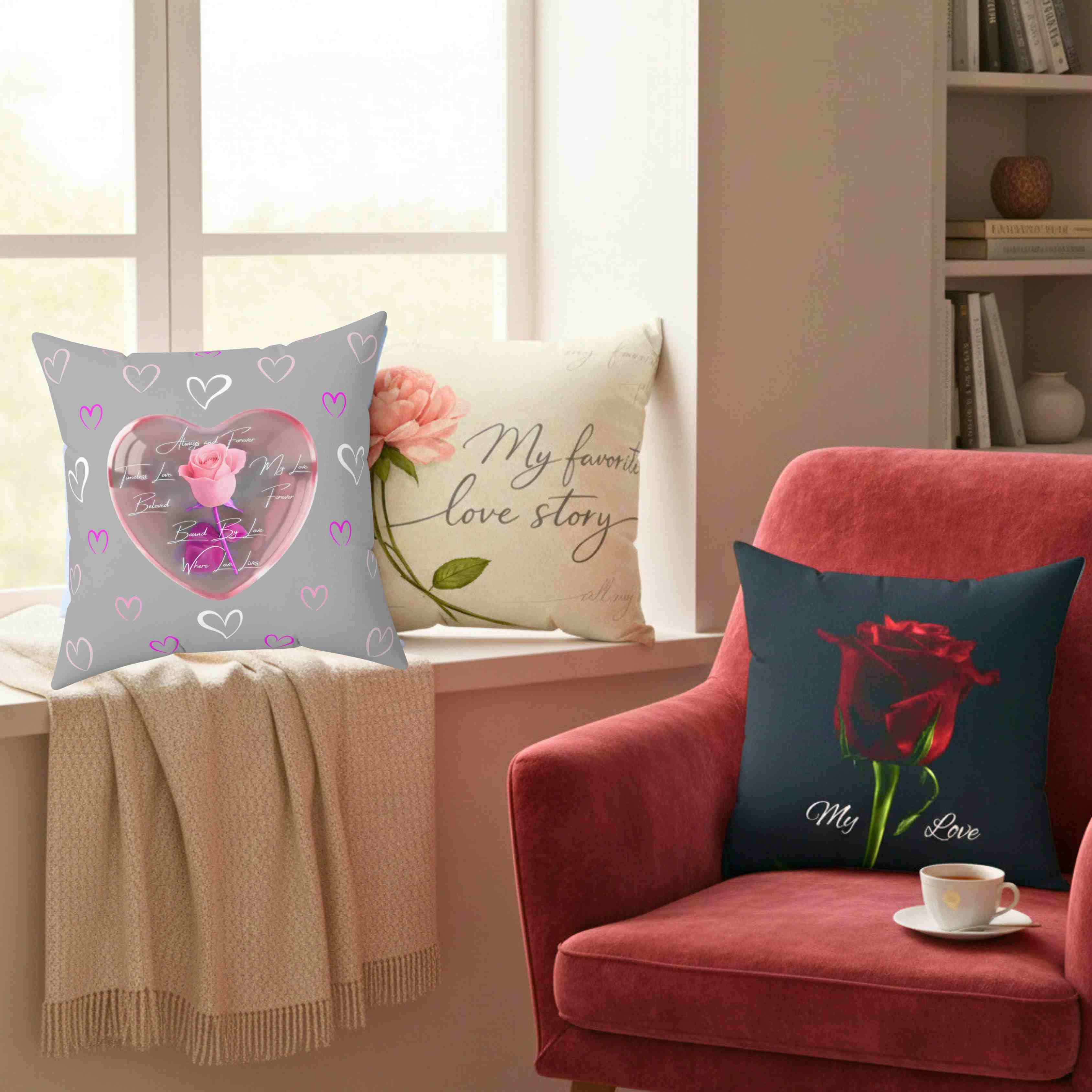 Pink Rose Heart Pillow | Spun Polyester Square Pillow product thumbnail image Pink Rose Heart Pillow | Spun Polyester Square Pillow product thumbnail image
