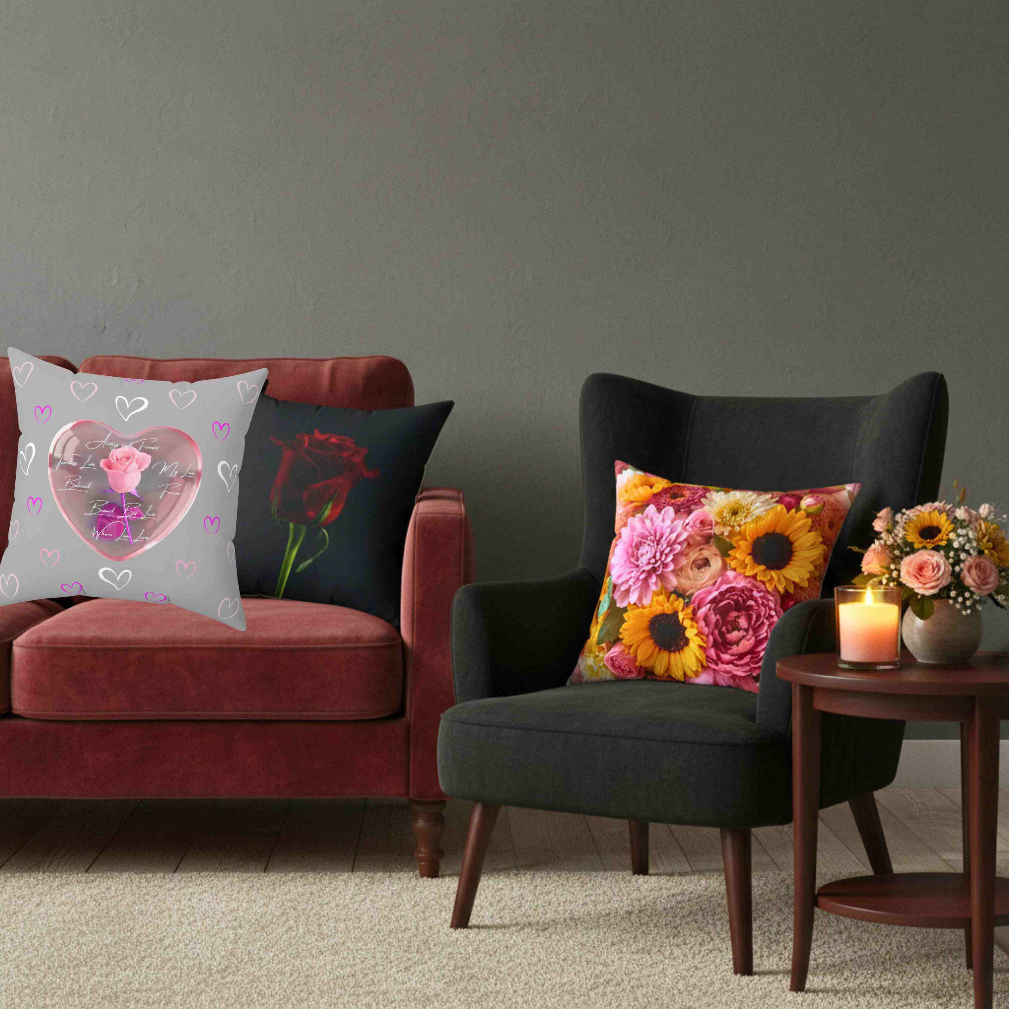 Pink Rose Heart Pillow | Spun Polyester Square Pillow product thumbnail image Pink Rose Heart Pillow | Spun Polyester Square Pillow product thumbnail image