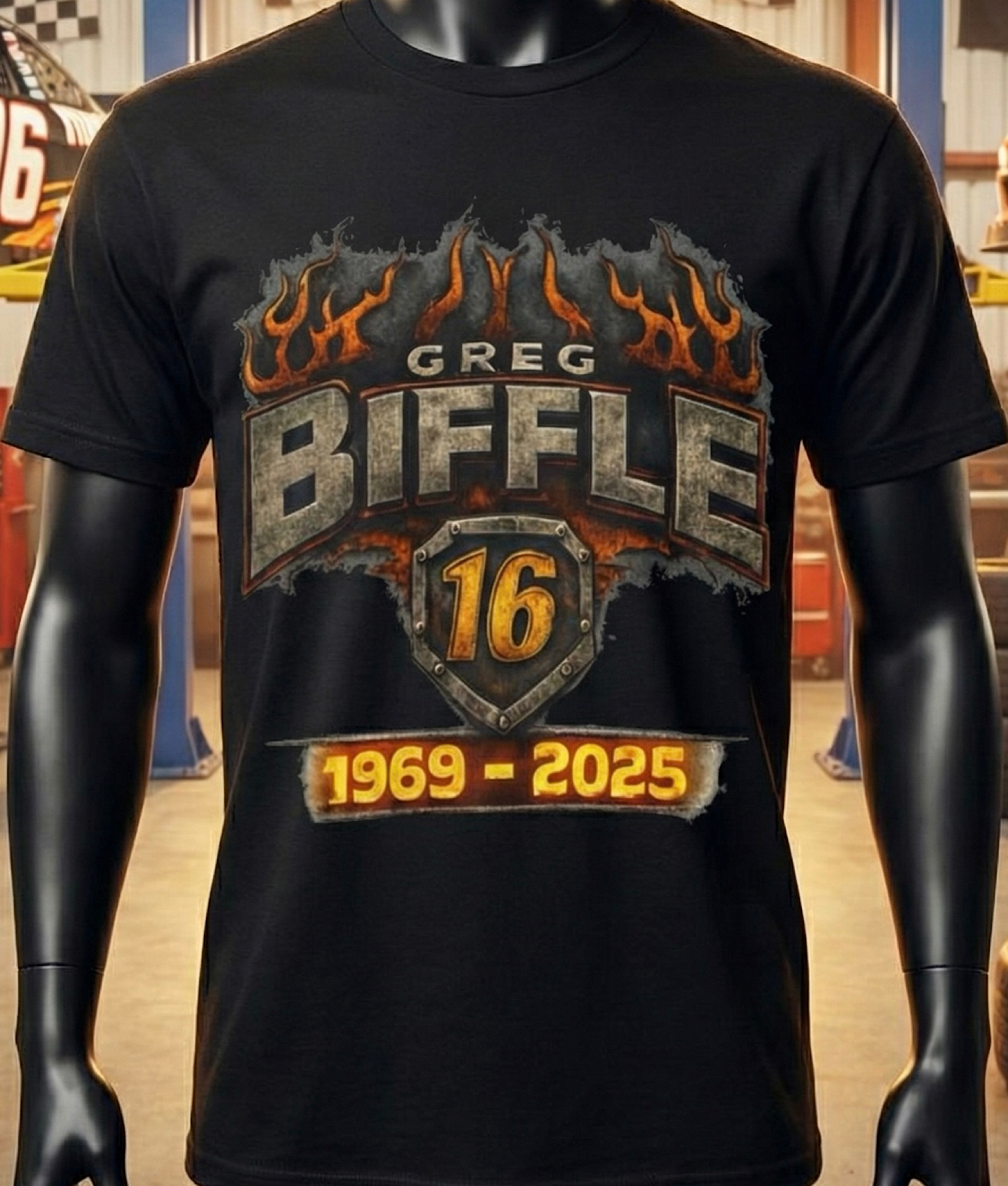 Greg Biffle 16 1969-2025 Tee | Retro Memorial Tribute Racing Flames Logo Greg Biffle 16 1969-2025 Tee | Retro Memorial Tribute Racing Flames Logo