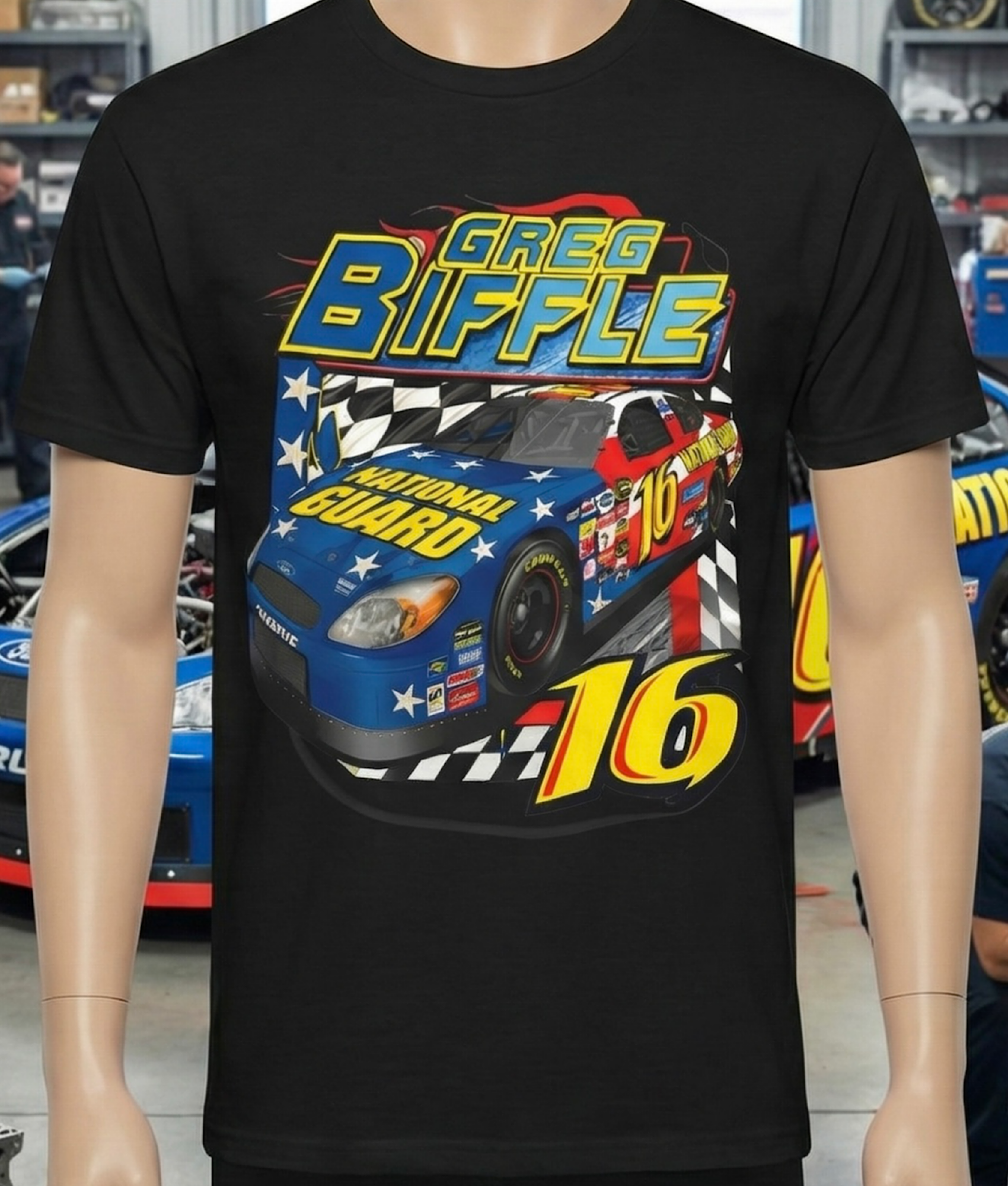 Greg Biffle National Guard Car T-Shirt | 16 Checkered Flag Tribute Racing Shirt Greg Biffle National Guard Car T-Shirt | 16 Checkered Flag Tribute Racing Shirt