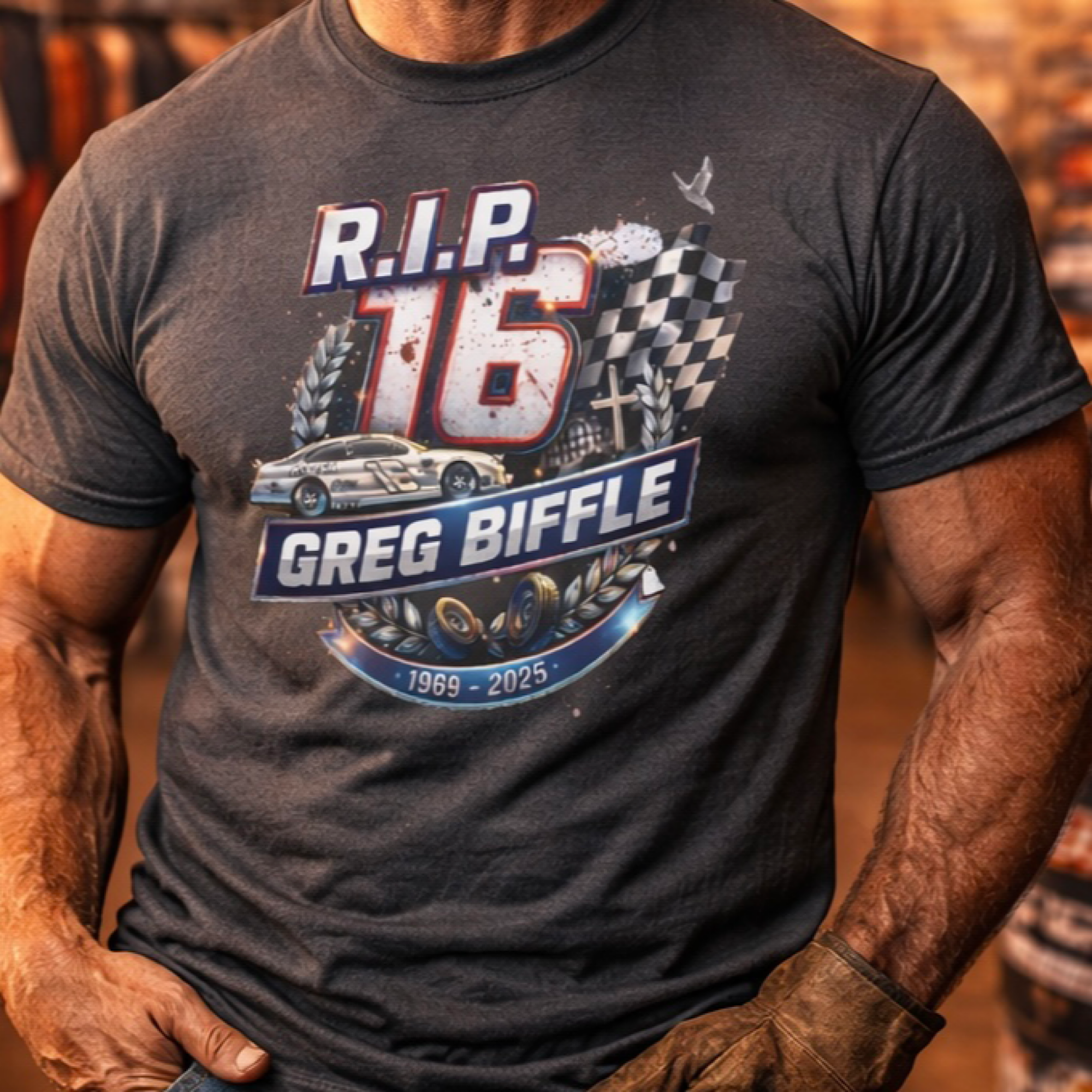 RIP 16 Greg Biffle Memorial T-Shirt | Racing Tribute Legend Checkered Flag product thumbnail image RIP 16 Greg Biffle Memorial T-Shirt | Racing Tribute Legend Checkered Flag product thumbnail image