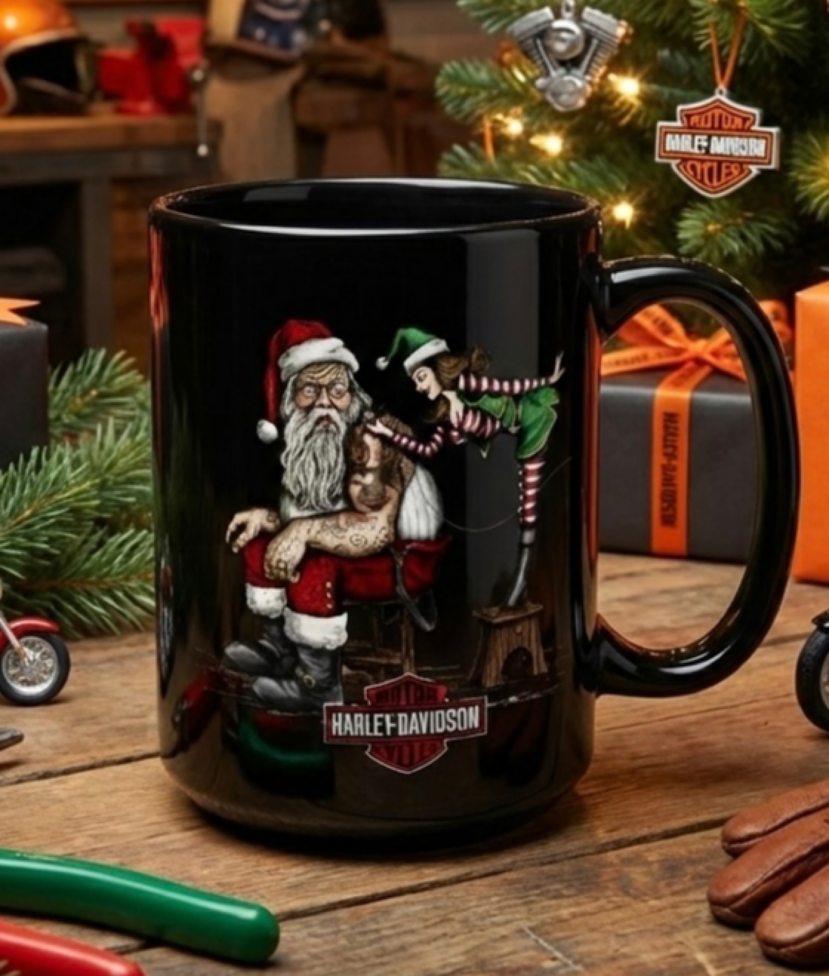 Harley Santa Getting Tattoo and Sexy Elf Mug Black Ceramic Coffee Mug product thumbnail image Harley Santa Getting Tattoo and Sexy Elf Mug Black Ceramic Coffee Mug product thumbnail image