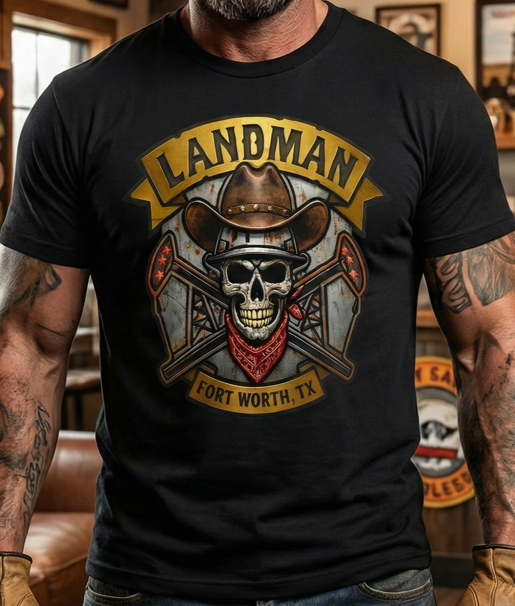 Landman TV Show Texas Skull Cowboy Tee Fort Worth TX Patch Cafe Oilfield Design product thumbnail image Landman TV Show Texas Skull Cowboy Tee Fort Worth TX Patch Cafe Oilfield Design product thumbnail image