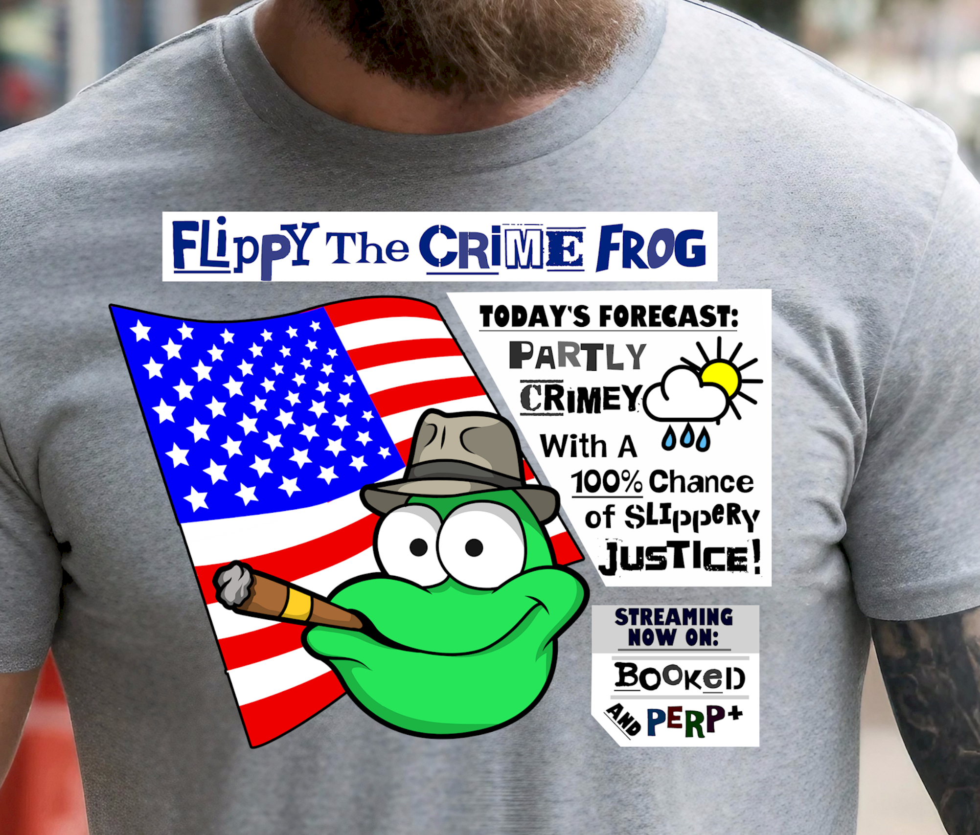 Flippy The Crime Frog -Todays Forecast- Partly Crimey - Heavy Cotton Tee, Funny Tee Shirts, Cute Tee Shirts, Silly Tee Shirts, Frog product thumbnail image Flippy The Crime Frog -Todays Forecast- Partly Crimey - Heavy Cotton Tee, Funny Tee Shirts, Cute Tee Shirts, Silly Tee Shirts, Frog product thumbnail image