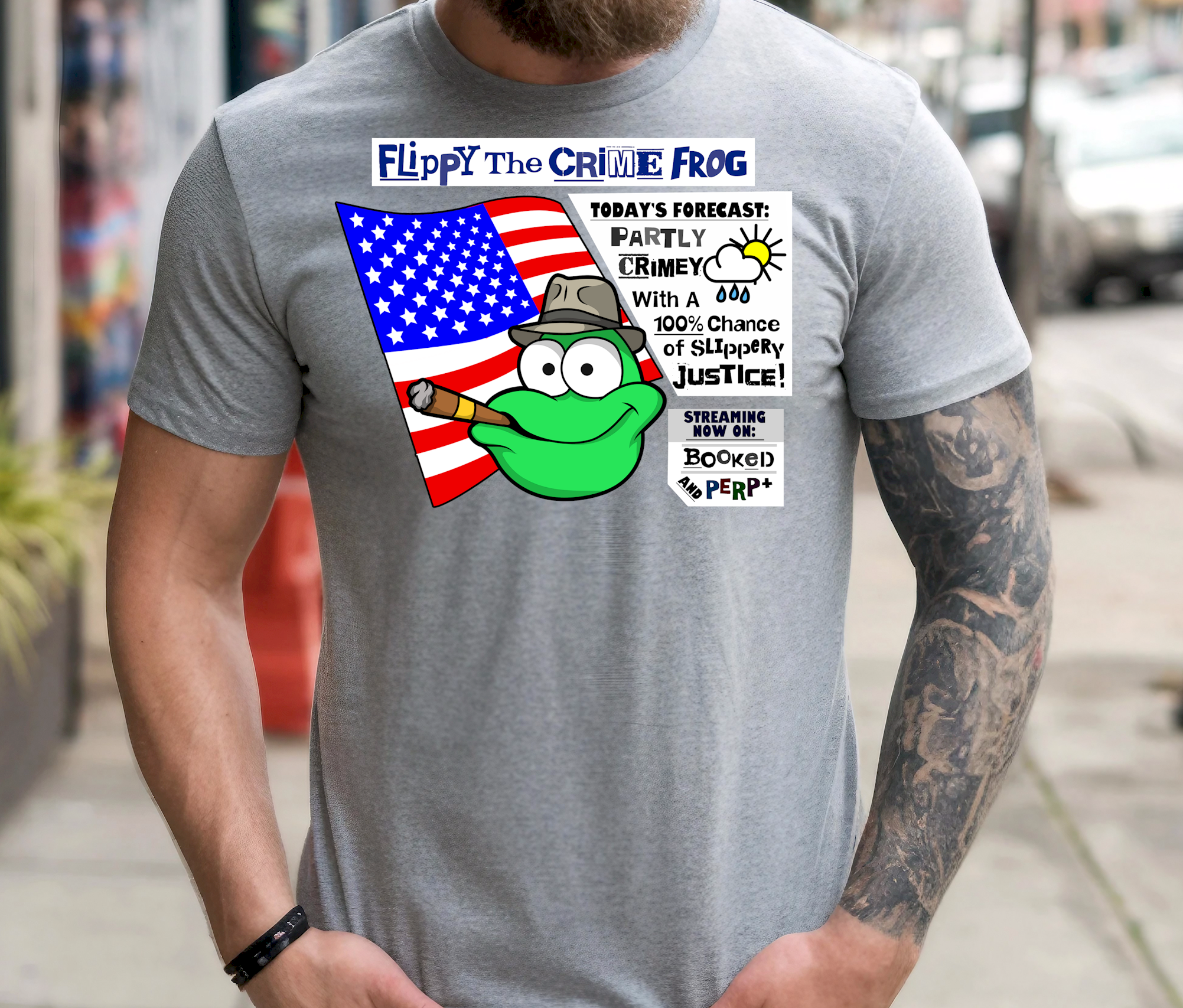 Flippy The Crime Frog -Todays Forecast- Partly Crimey - Heavy Cotton Tee, Funny Tee Shirts, Cute Tee Shirts, Silly Tee Shirts, Frog product thumbnail image
