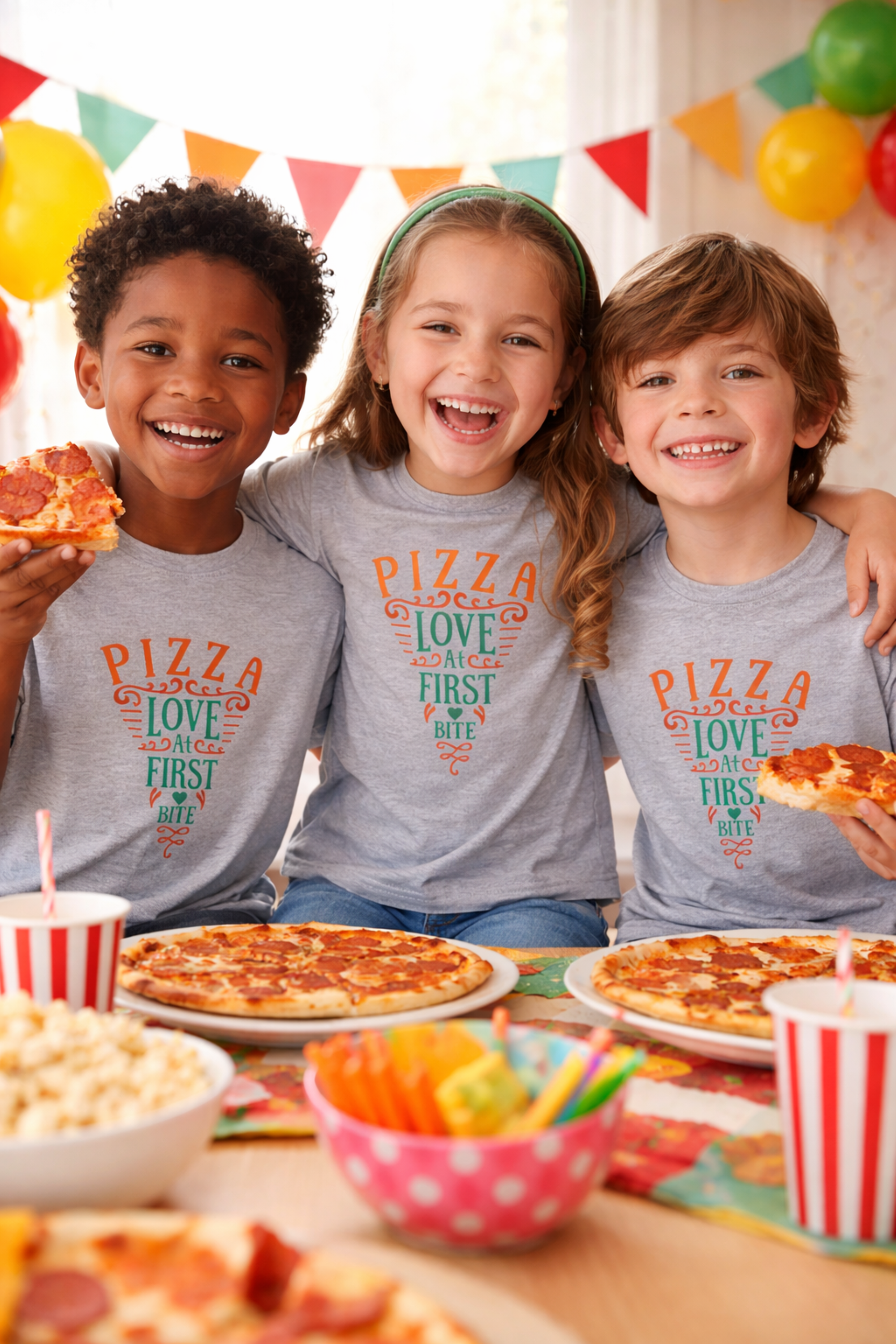 Youth T‑Shirt  "Pizza Love" Graphic Tee (Pizza First Bite)