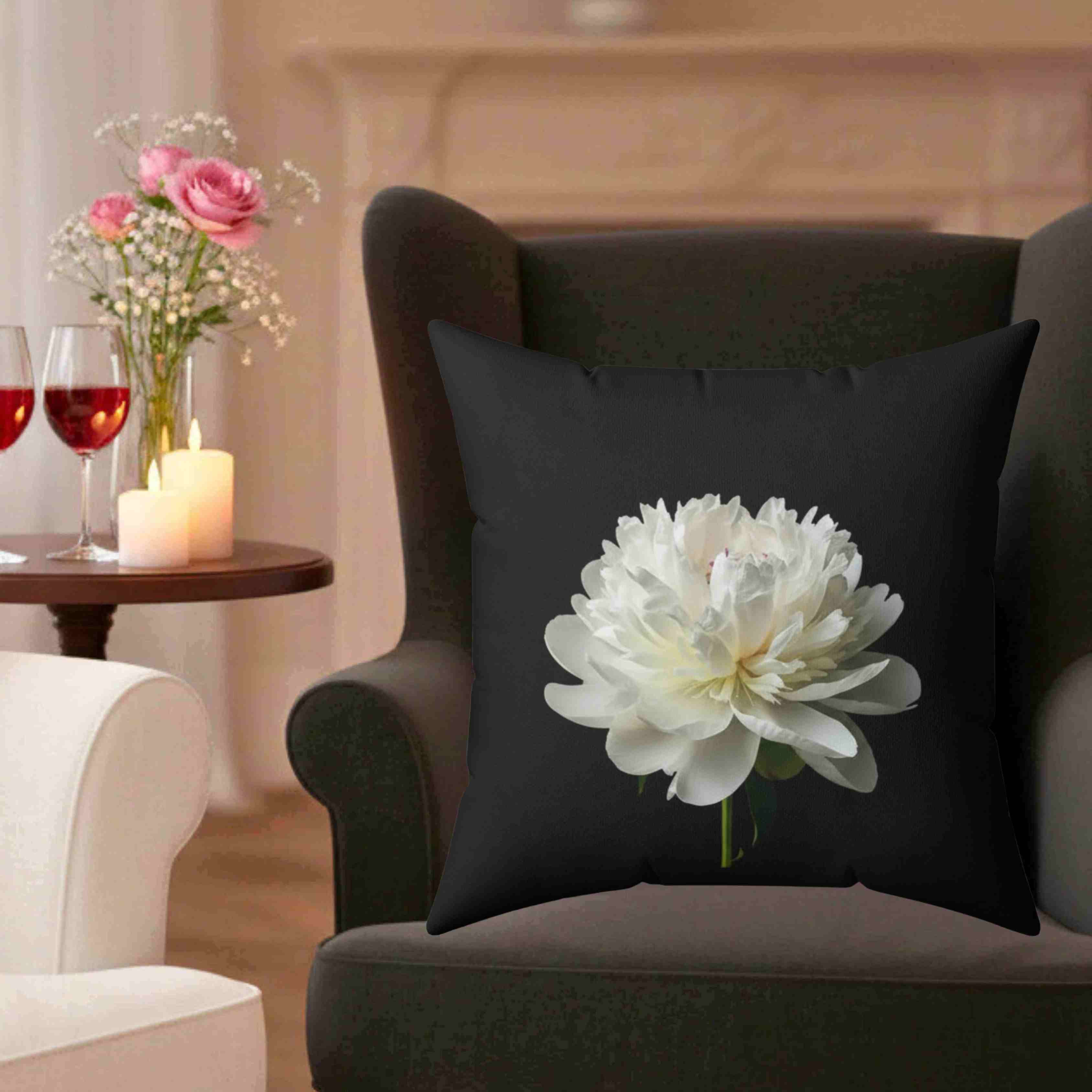 White Peony Bloom Pillow | Square Cushion Washable Cover product thumbnail image