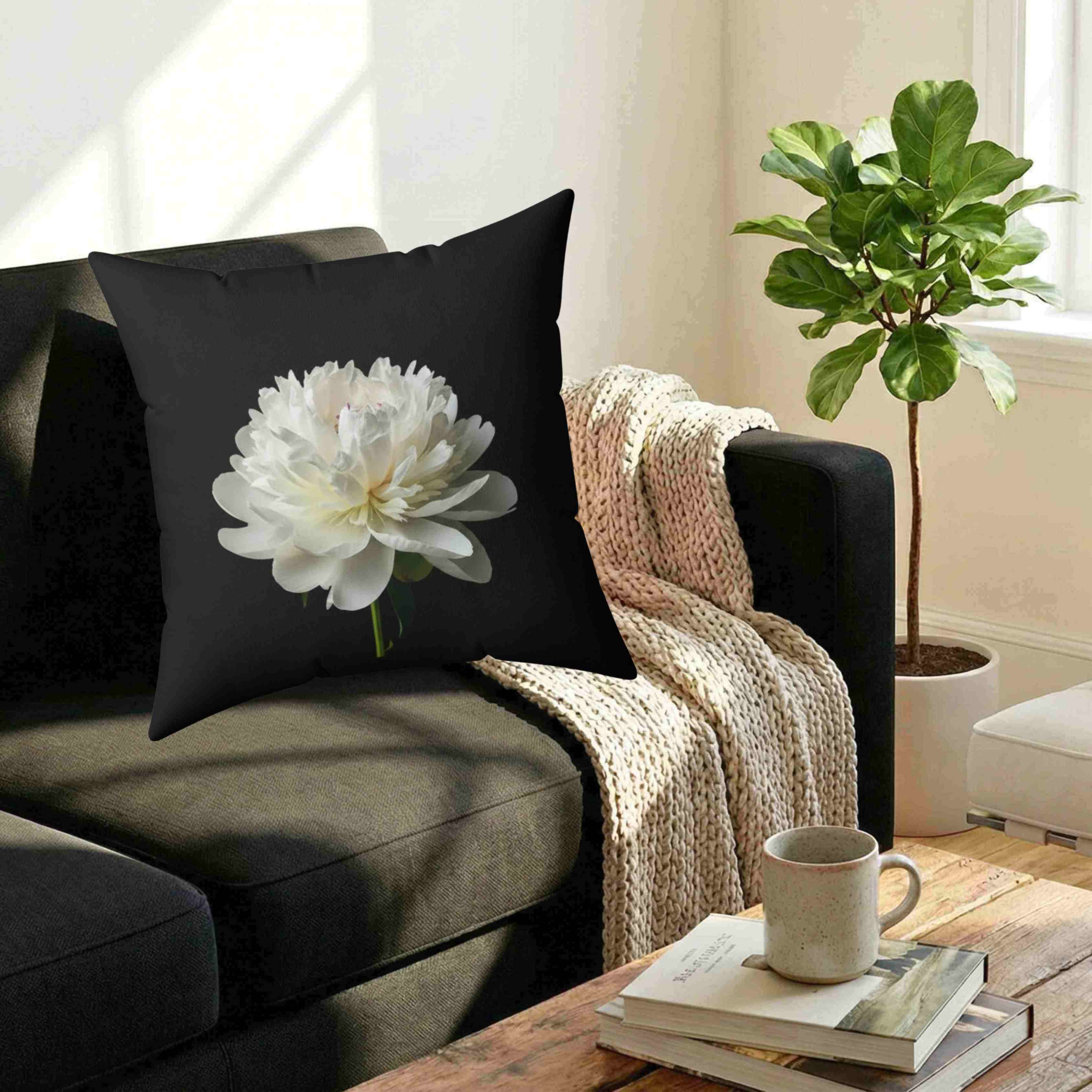 White Peony Bloom Pillow | Square Cushion Washable Cover product thumbnail image