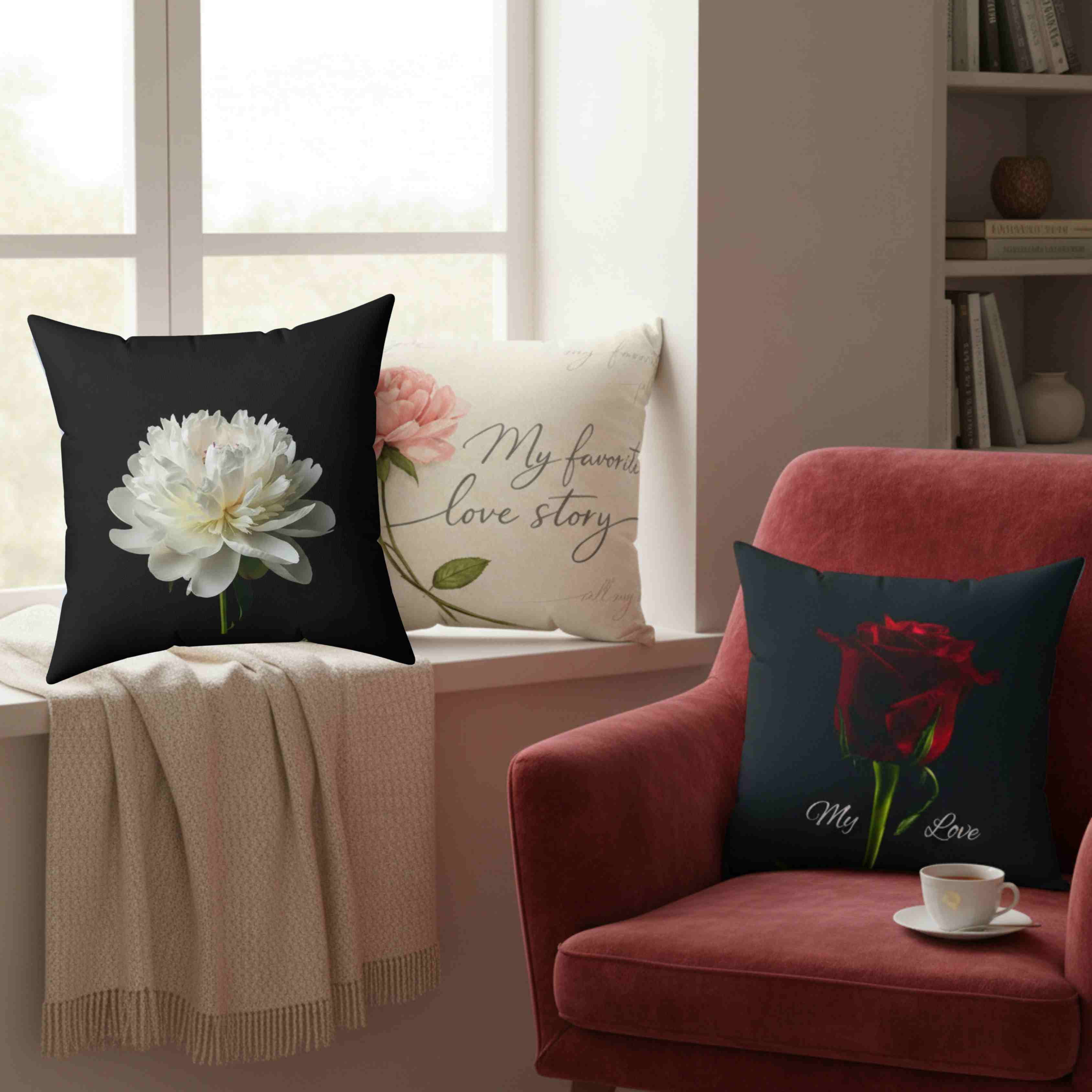 White Peony Bloom Pillow | Square Cushion Washable Cover product thumbnail image White Peony Bloom Pillow | Square Cushion Washable Cover product thumbnail image