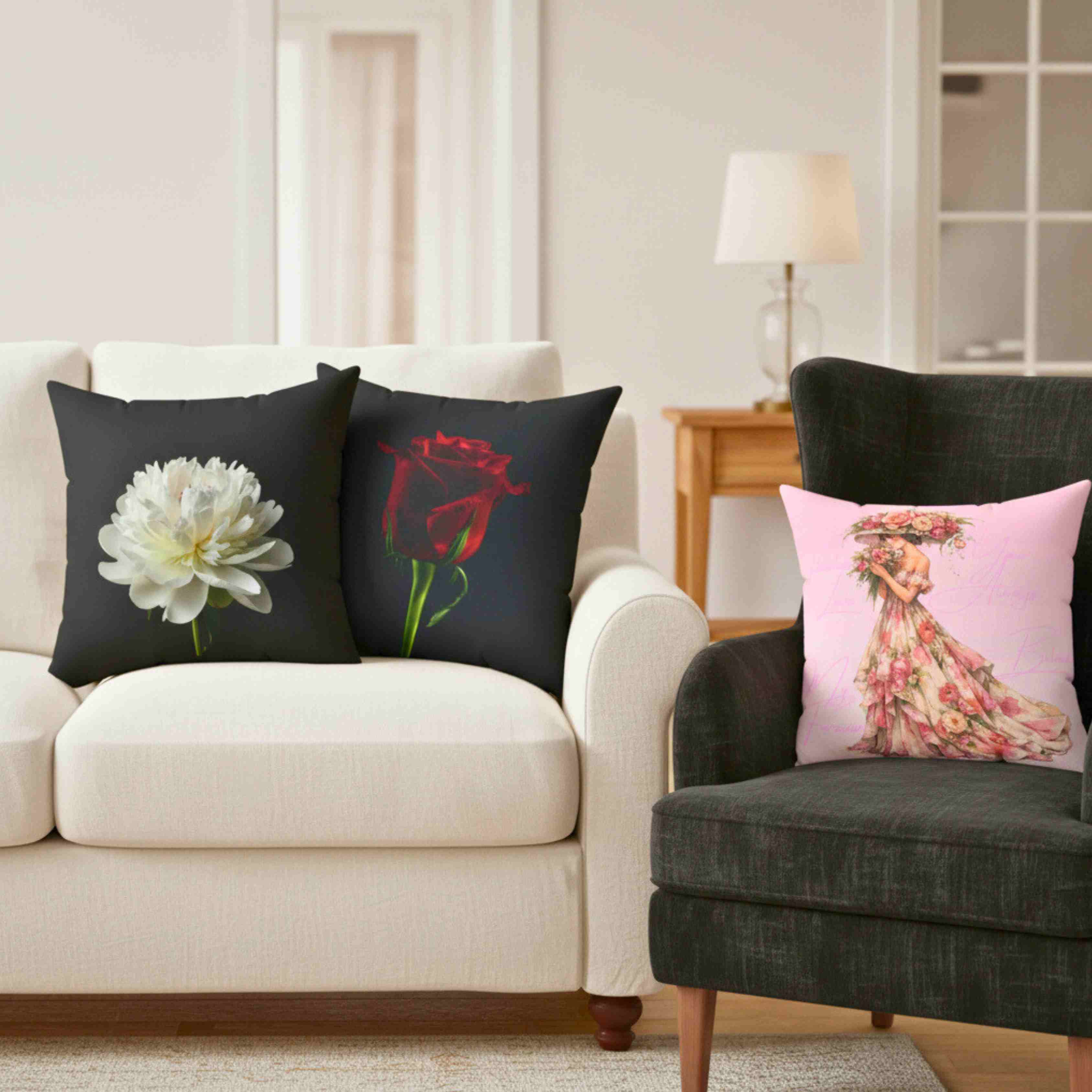 White Peony Bloom Pillow | Square Cushion Washable Cover product thumbnail image White Peony Bloom Pillow | Square Cushion Washable Cover product thumbnail image