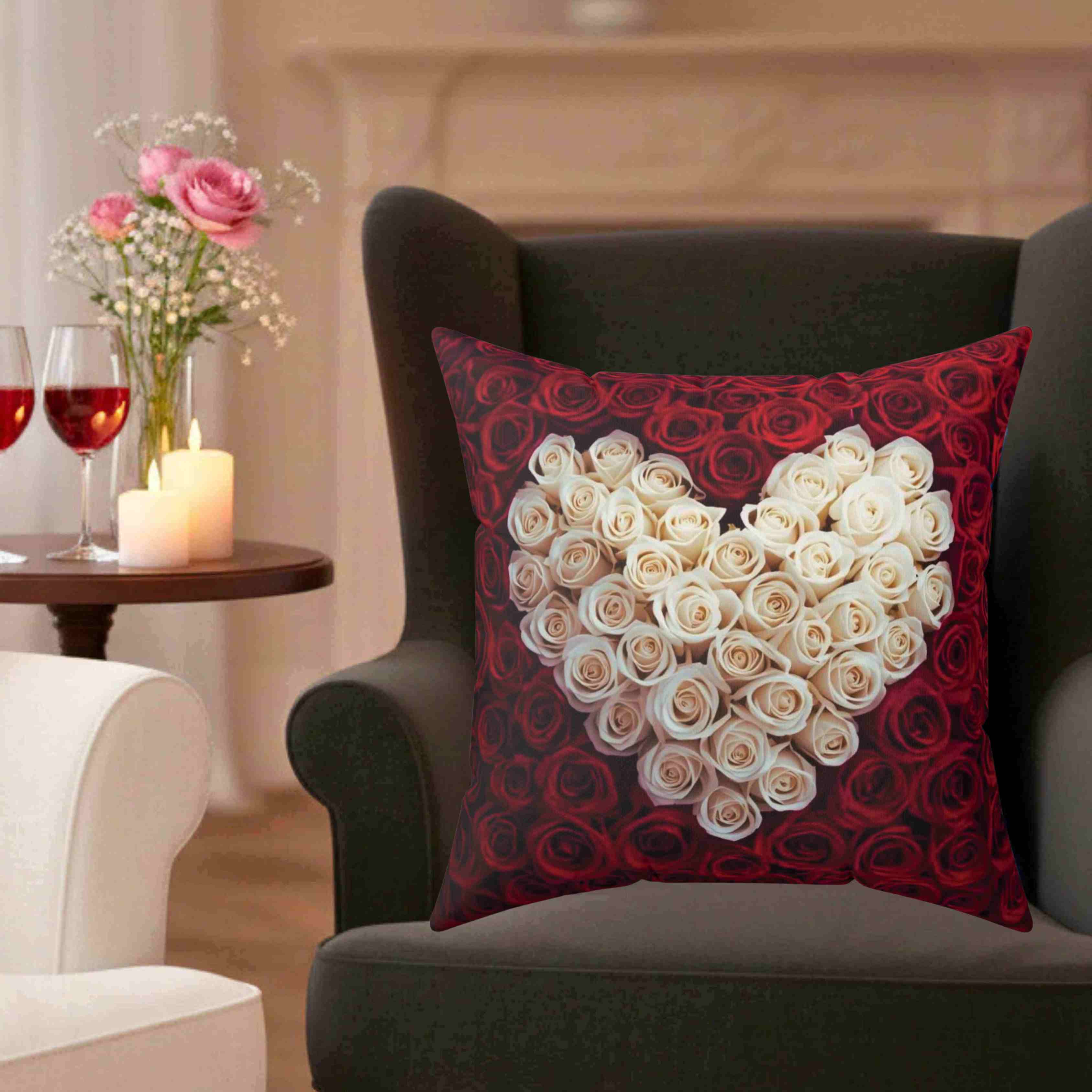 White Rose Heart Spun Polyester Pillow | Floral Valentine Decor Cushion