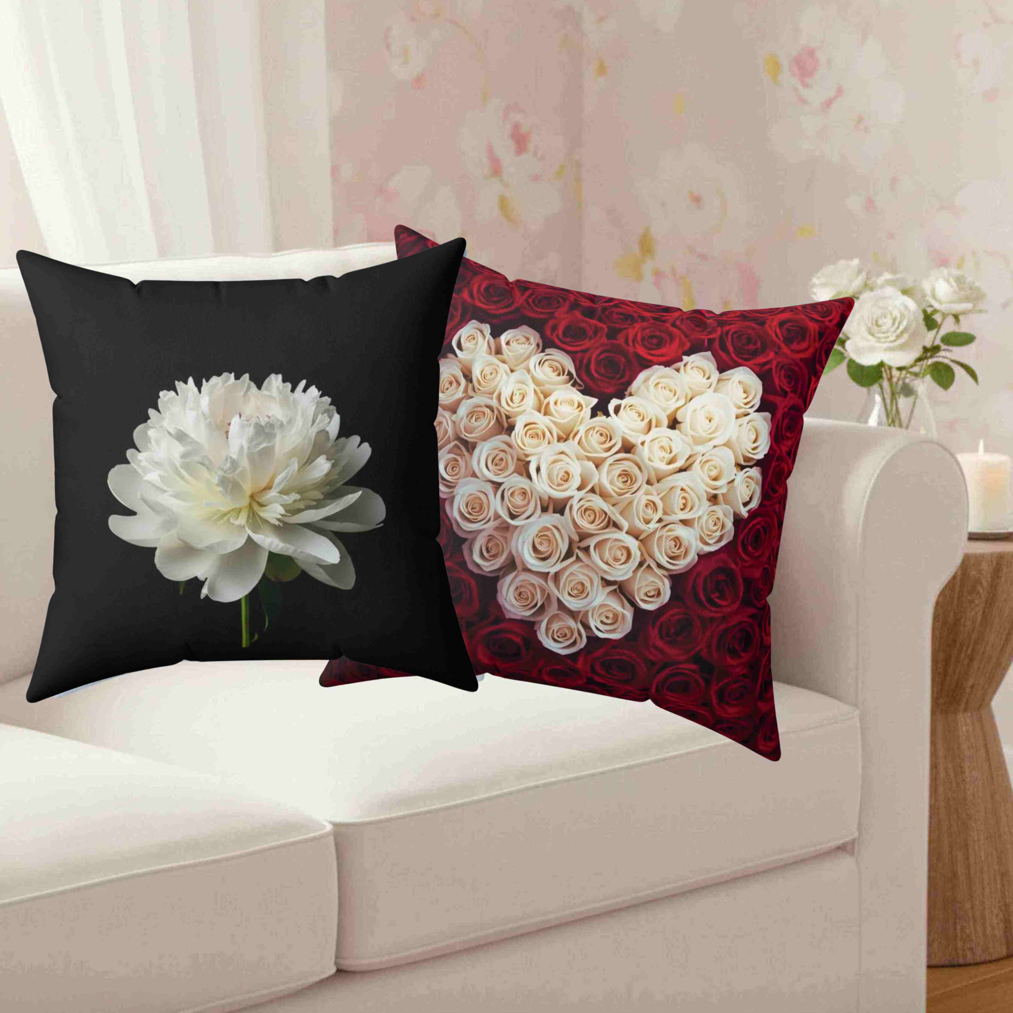 White Rose Heart Spun Polyester Pillow | Floral Valentine Decor Cushion product thumbnail image