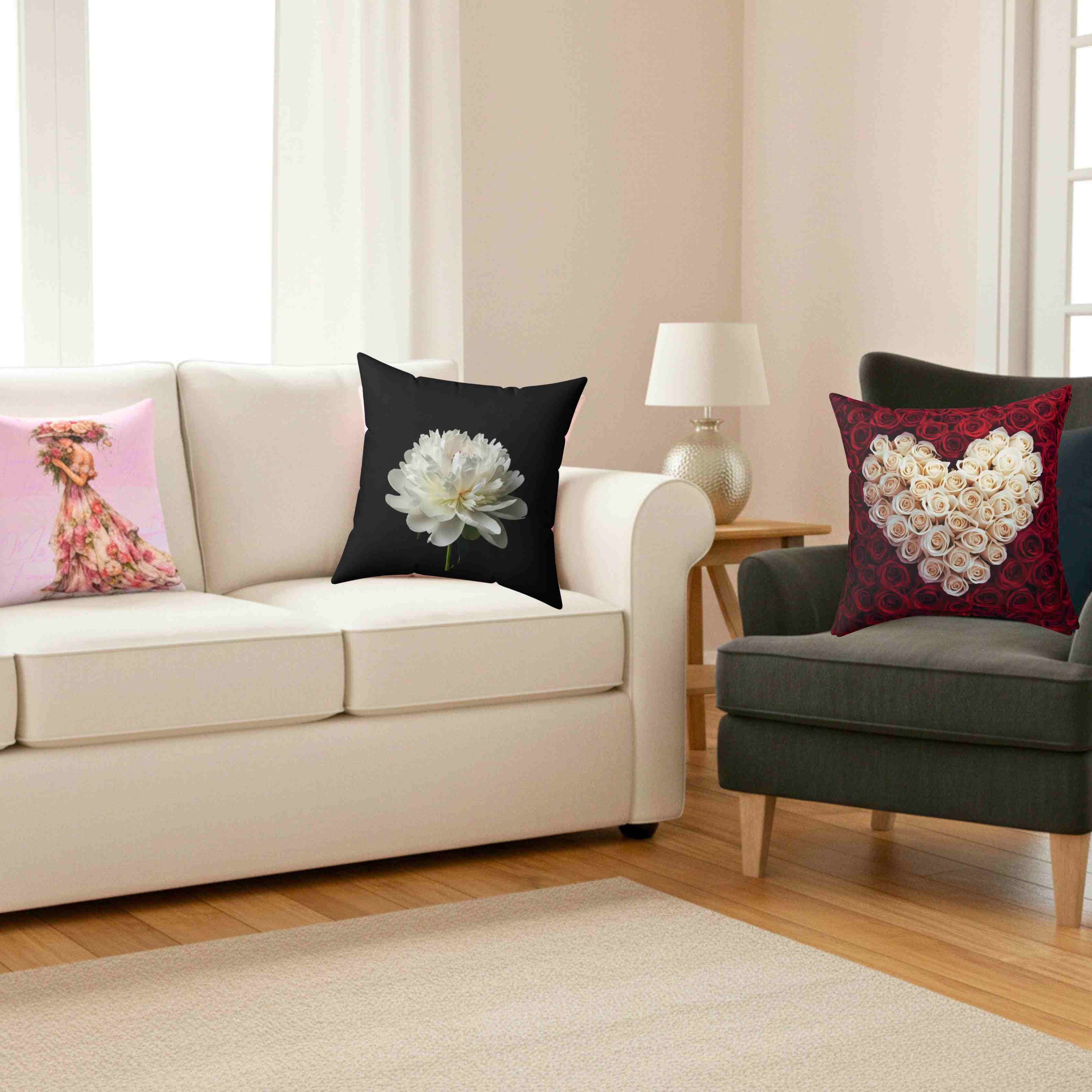 White Rose Heart Spun Polyester Pillow | Floral Valentine Decor Cushion product thumbnail image