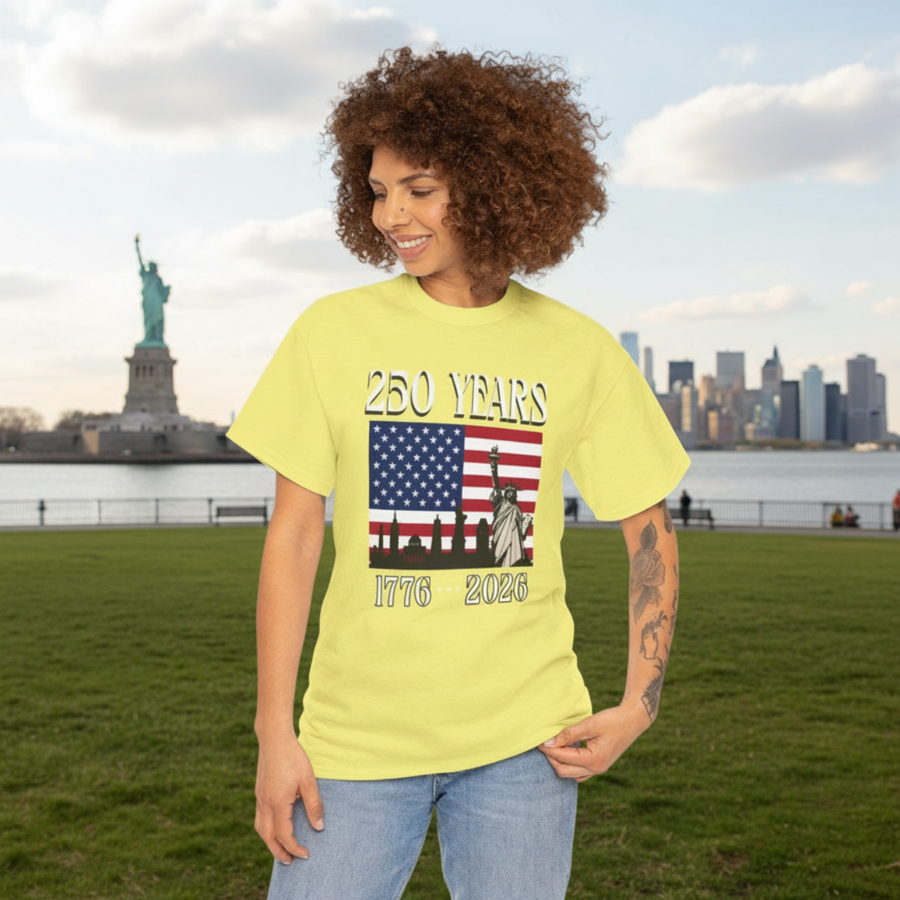 America's 250th Statue of Liberty Tee — Unyielding Vision Flag &amp; Cityscape