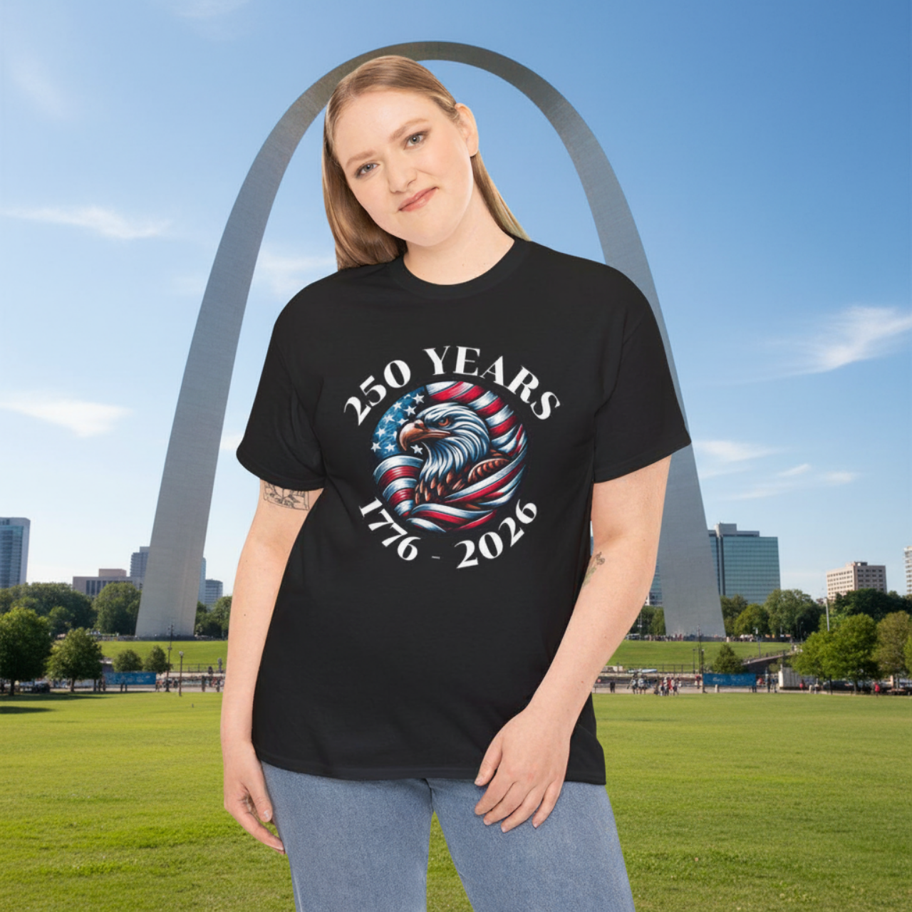 1776–2026 Flag-Wrapped Eagle Badge Tee — Semiquincentennial Commemorative Shirt product thumbnail image