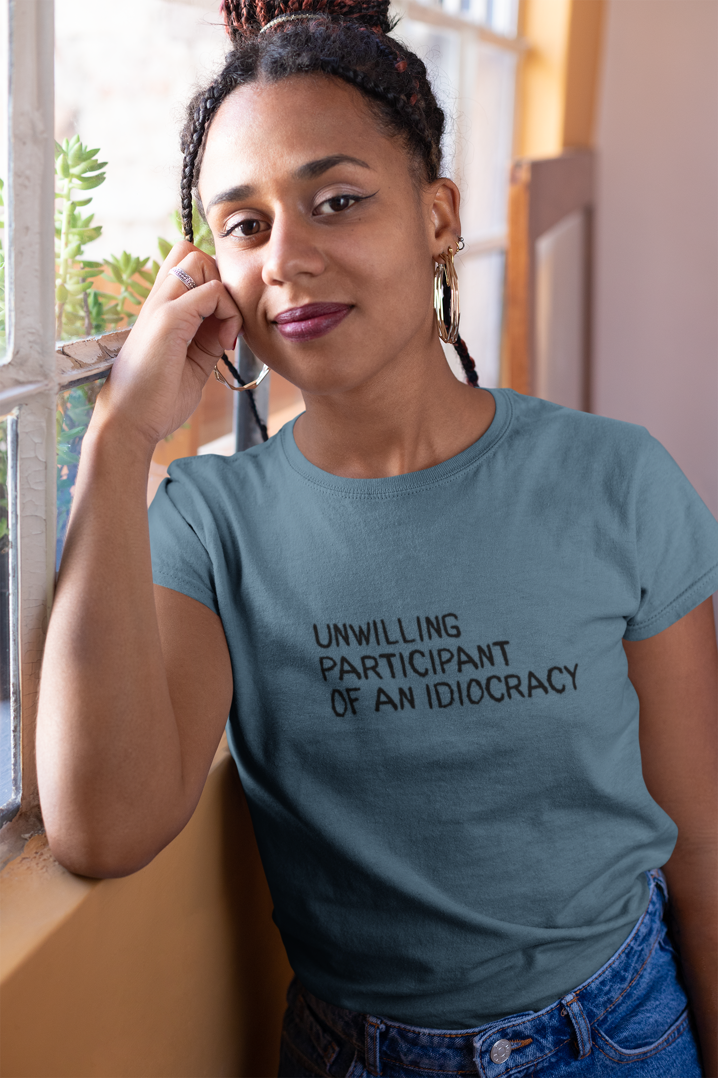 "Unwilling Participant of an Idiocracy" T-Shirt — Political Statement Tee product thumbnail image "Unwilling Participant of an Idiocracy" T-Shirt — Political Statement Tee product thumbnail image