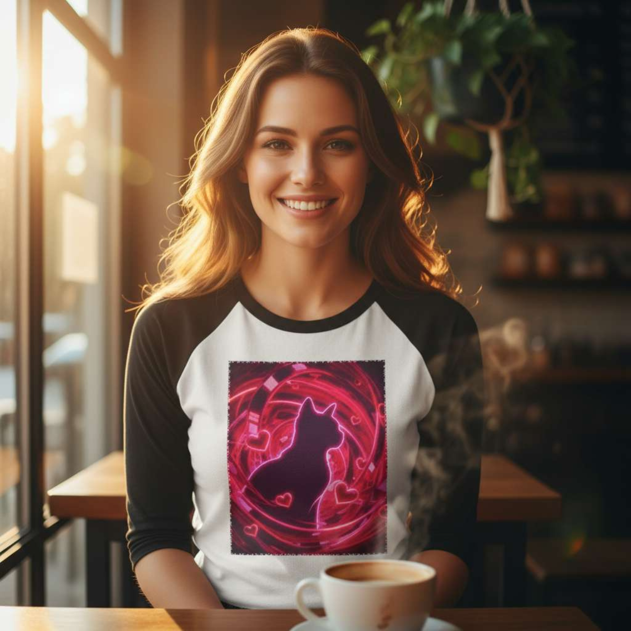 Cat Silhouette Love Hearts Neon Vortex Raglan Shirt product thumbnail image Cat Silhouette Love Hearts Neon Vortex Raglan Shirt product thumbnail image