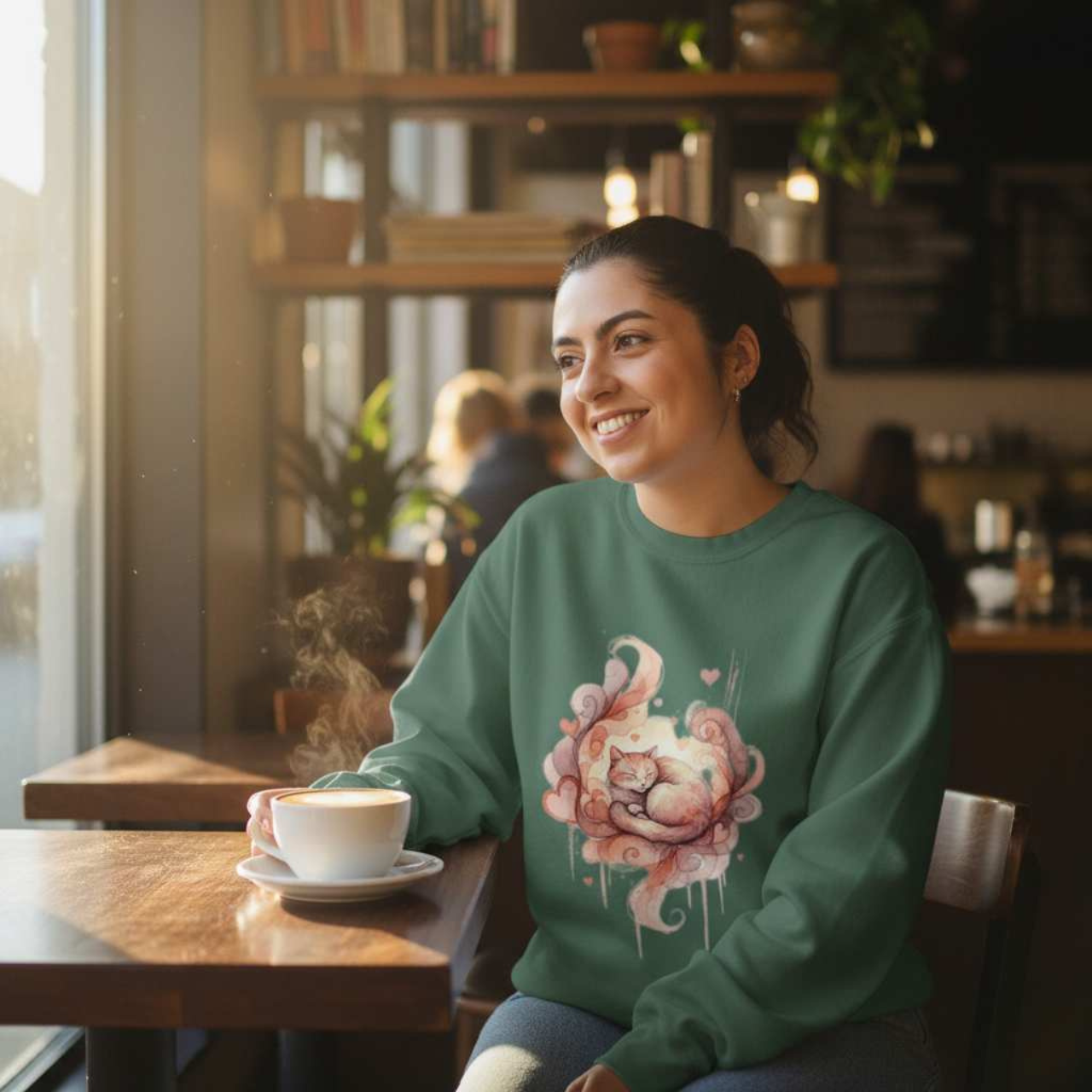Cozy Watercolor Sleeping Cat Sweatshirt with hearts product thumbnail image Cozy Watercolor Sleeping Cat Sweatshirt with hearts product thumbnail image