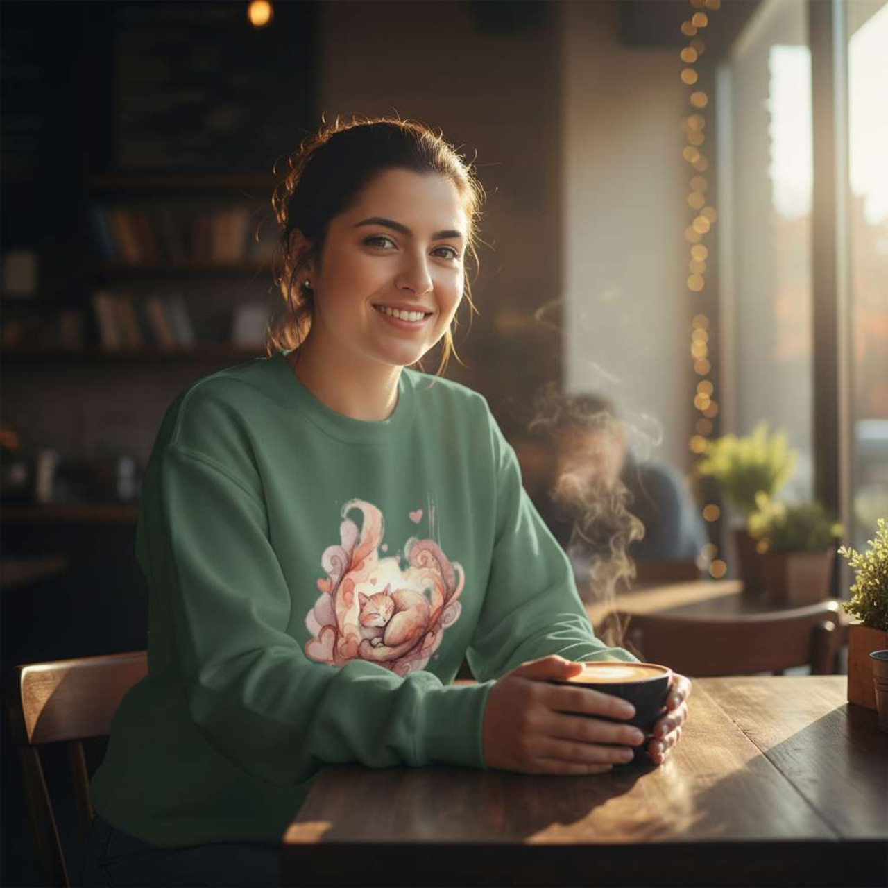 Cozy Watercolor Sleeping Cat Sweatshirt with hearts product thumbnail image Cozy Watercolor Sleeping Cat Sweatshirt with hearts product thumbnail image