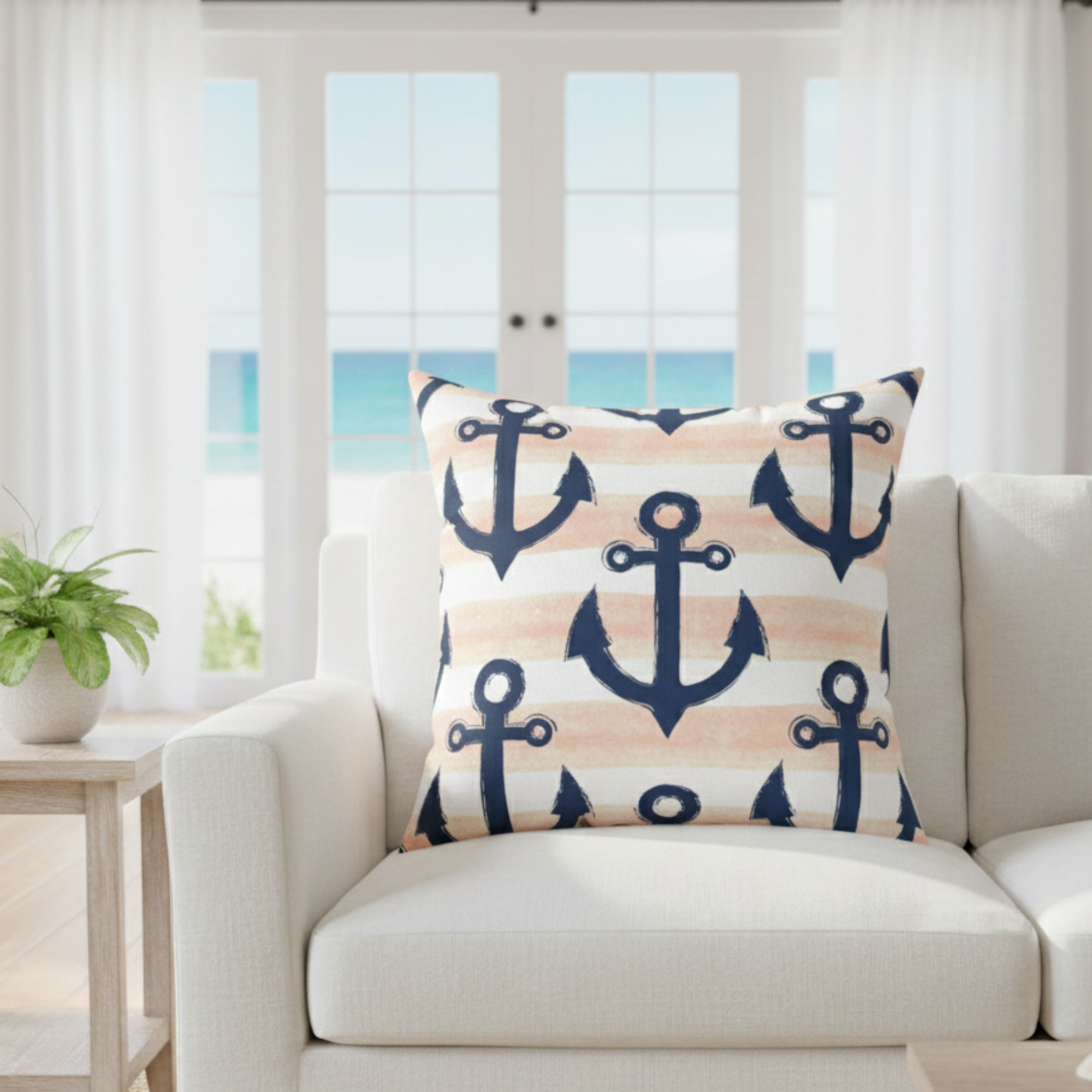 Nautical Anchor Throw Pillow | Coastal Coral &amp; Navy Decor Pillow | Beach House Pillow | Nautical Nursery Accent | Ocean Themed Home Decor