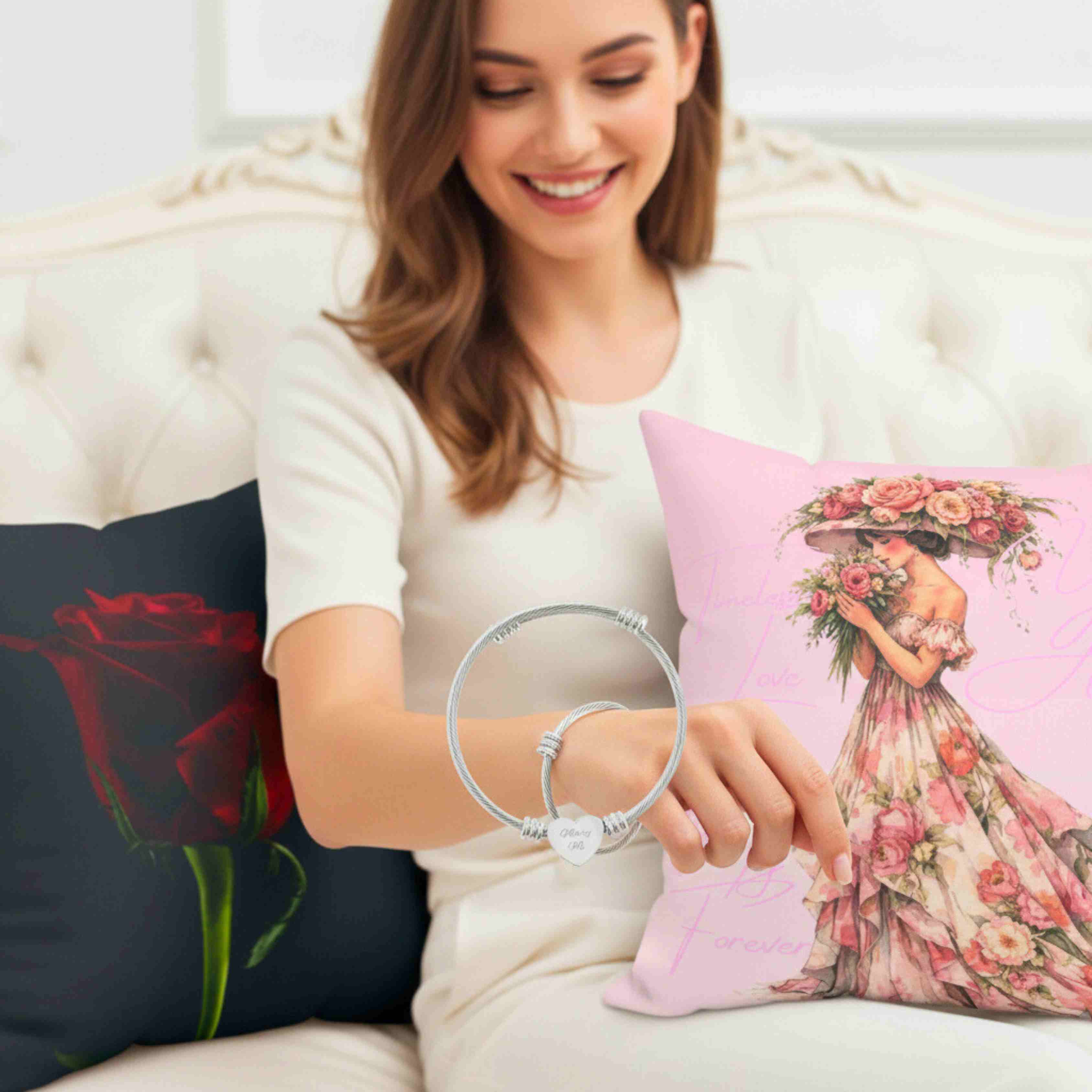 Engravable Heart Cuff Bracelet | The Beloved Collection |  Personalized Silver Wire Bangle for Women product thumbnail image