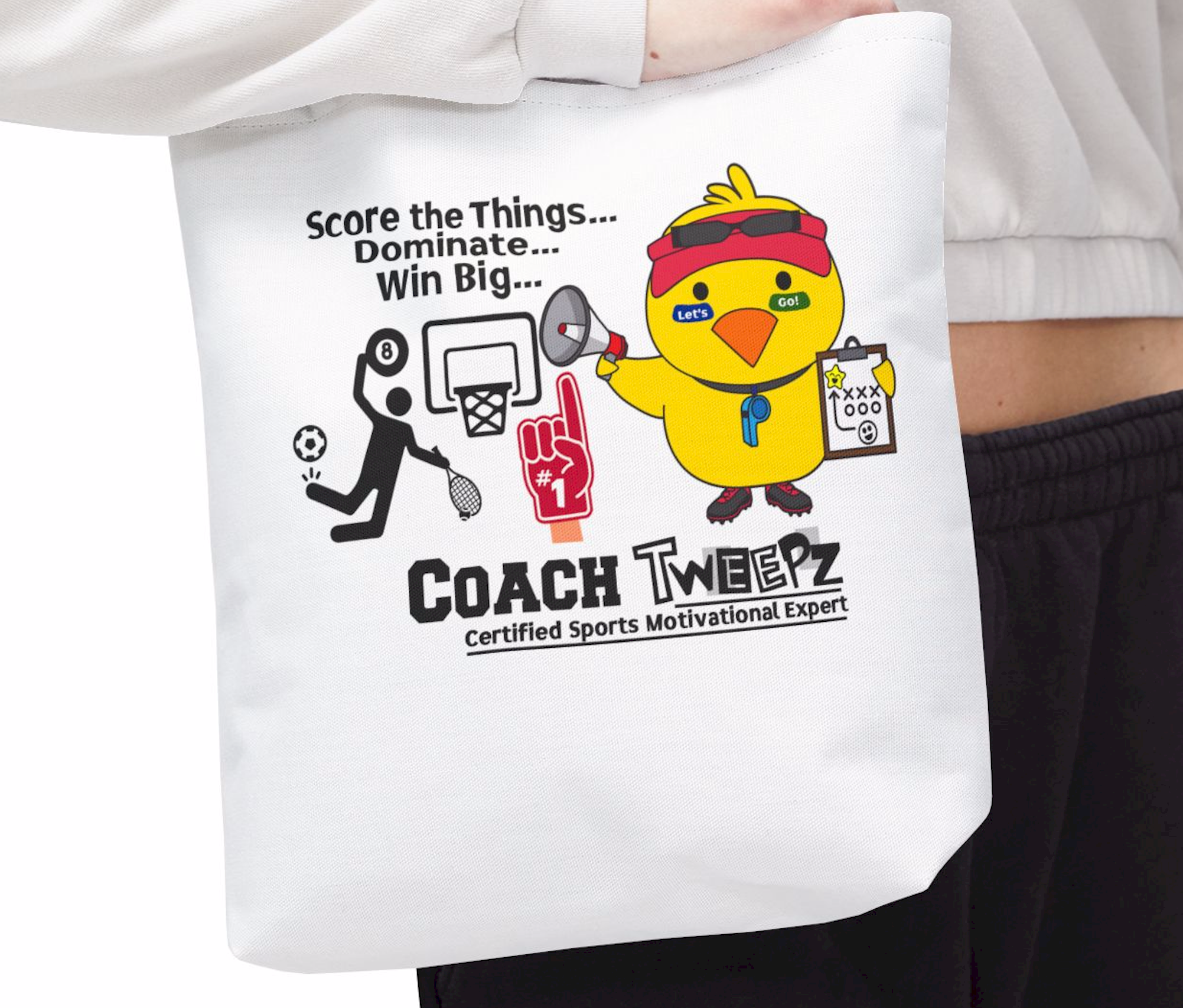 Coach Tweepz - Score The Things! - Tote Bag (3 Sizes - 5 handle colors), Sports Tote, Gym Bag, Cute Bird,Funny Tote Bag, Silly Tote Bag