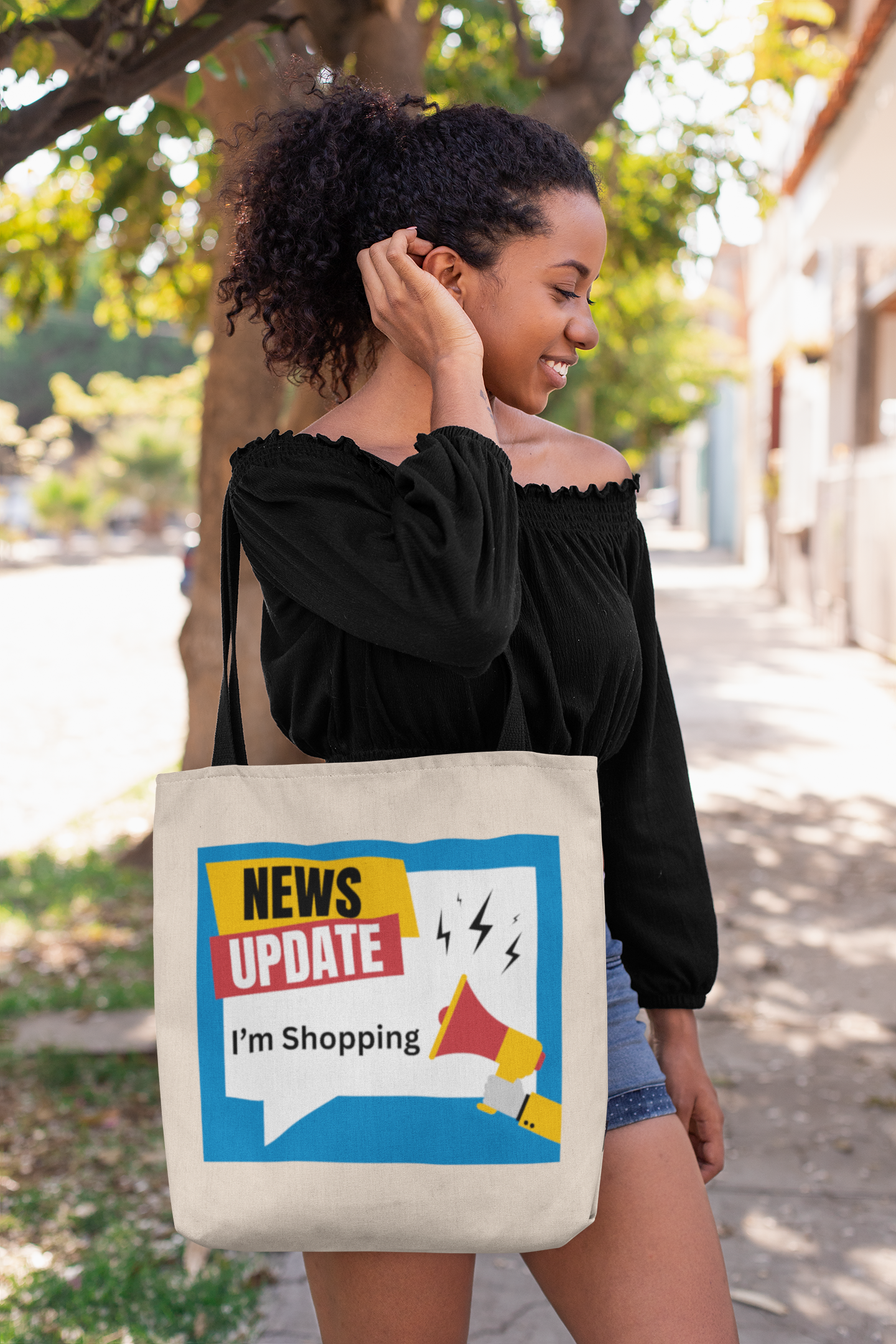 Eco Tote Bag — "News update: I'm shopping." Graphic Market Tote