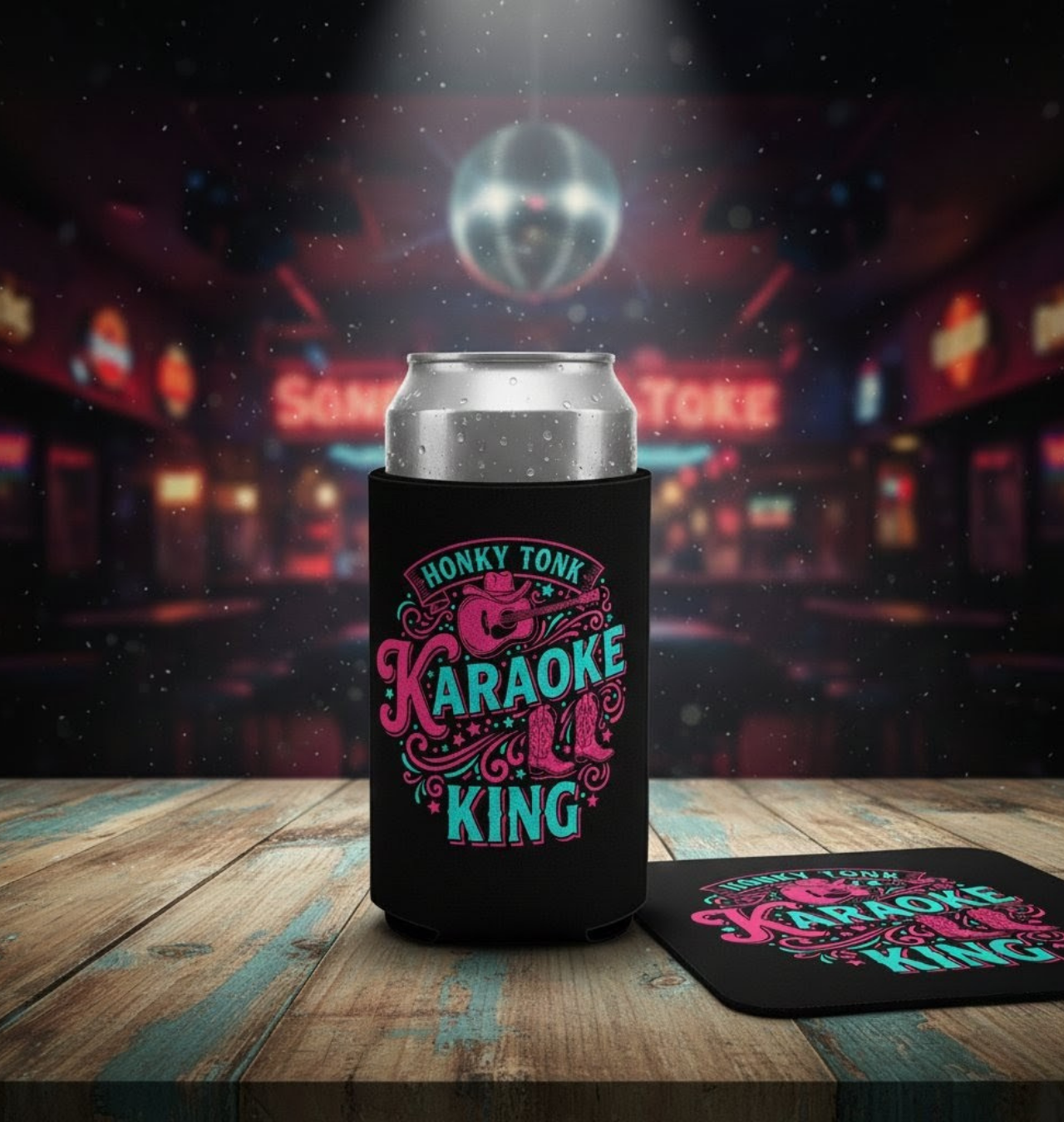 Karaoke King Can Cooler – Honky Tonk Guitar &amp; Boots Drink Koozie product thumbnail image