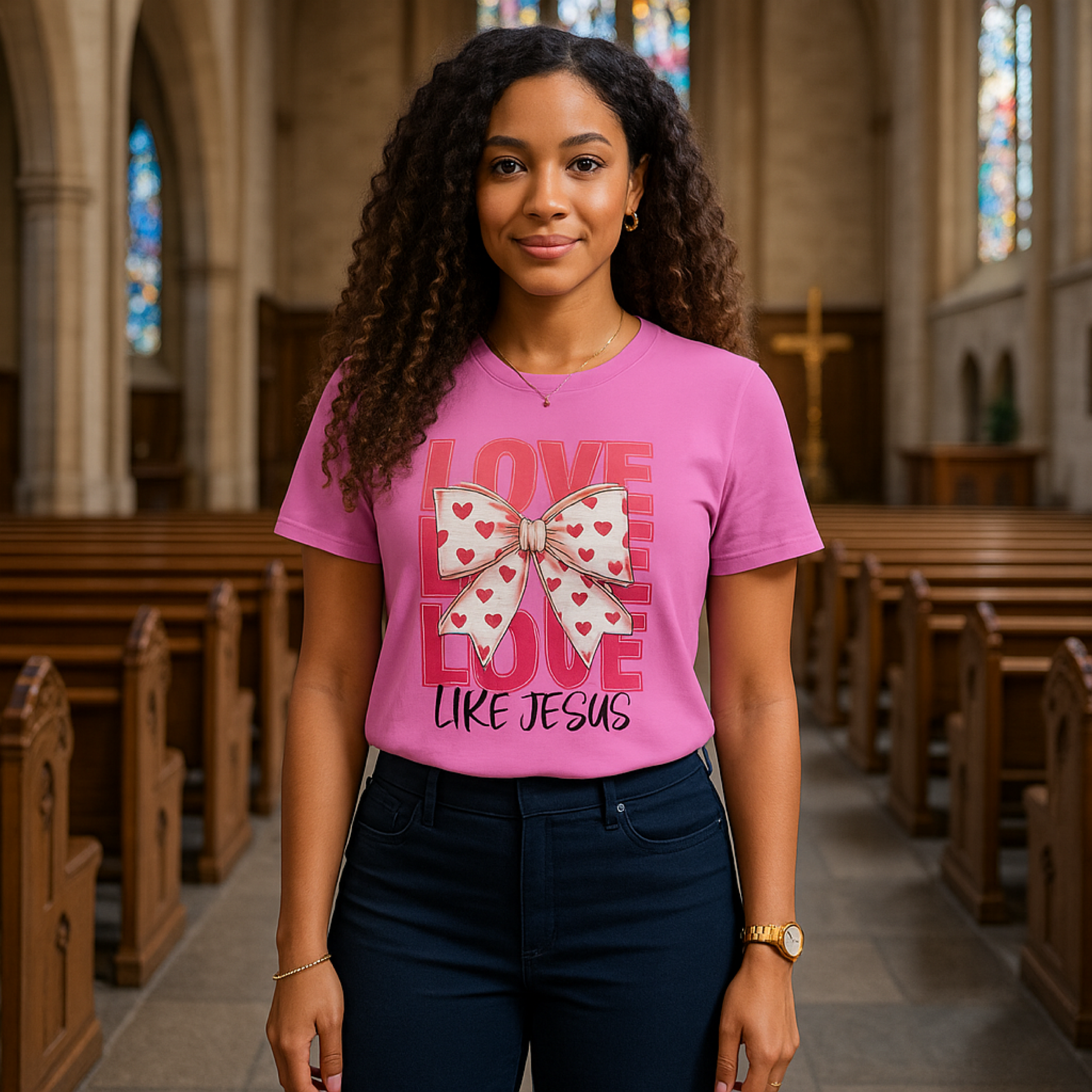 Love Like Jesus T-Shirt — Pink Hearts Bow Christian Valentine Tee product thumbnail image