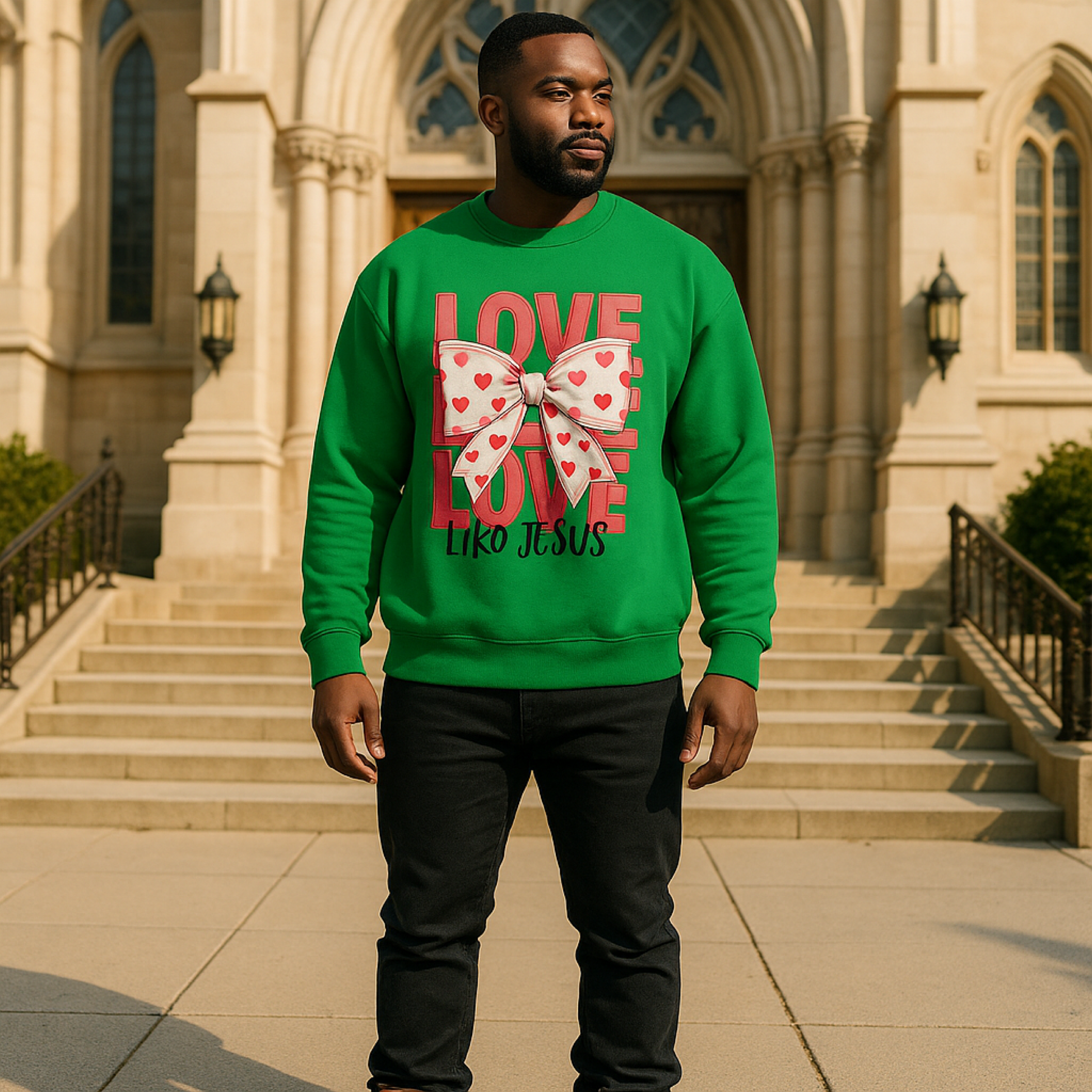 Love Like Jesus Crewneck Sweatshirt — Green Heart Bow Christian Pullover